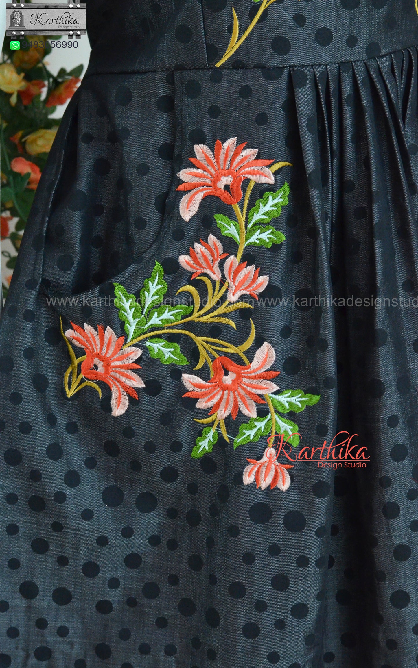 Embroidered denim frock with pockets