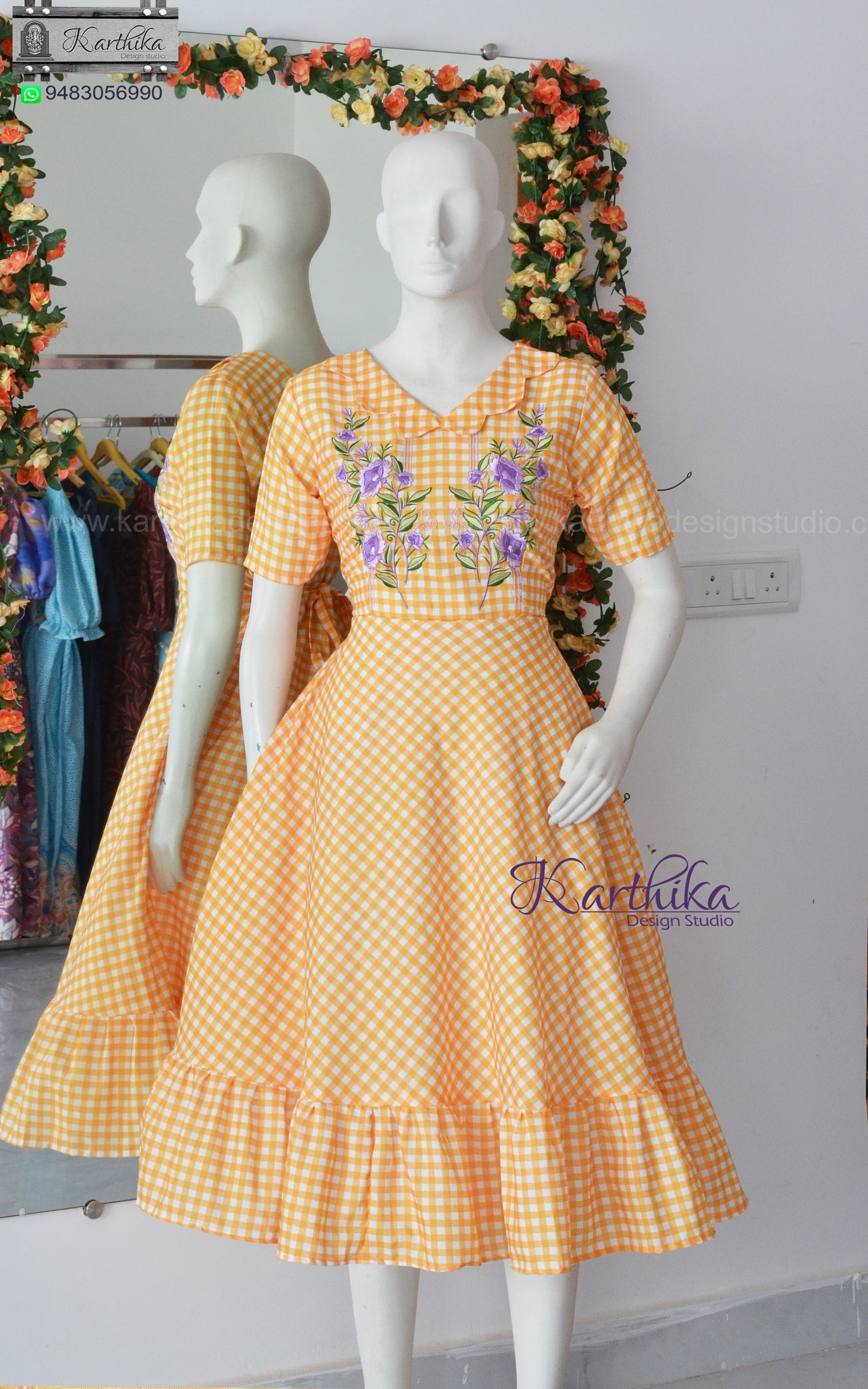 Embroidered checks cotton frock