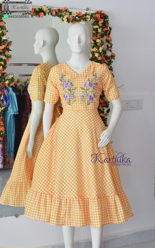 Embroidered checks cotton frock