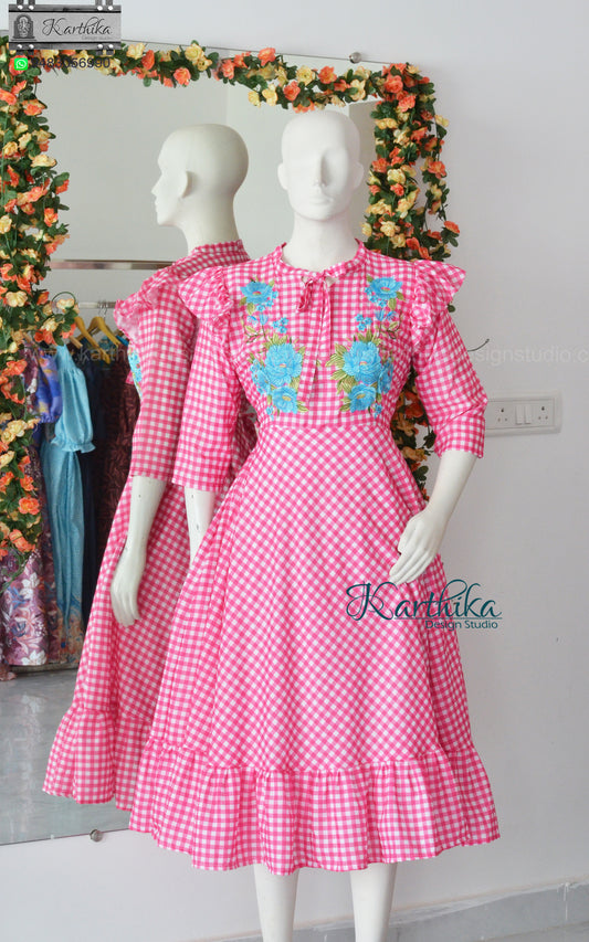 Embroidered checks cotton frock