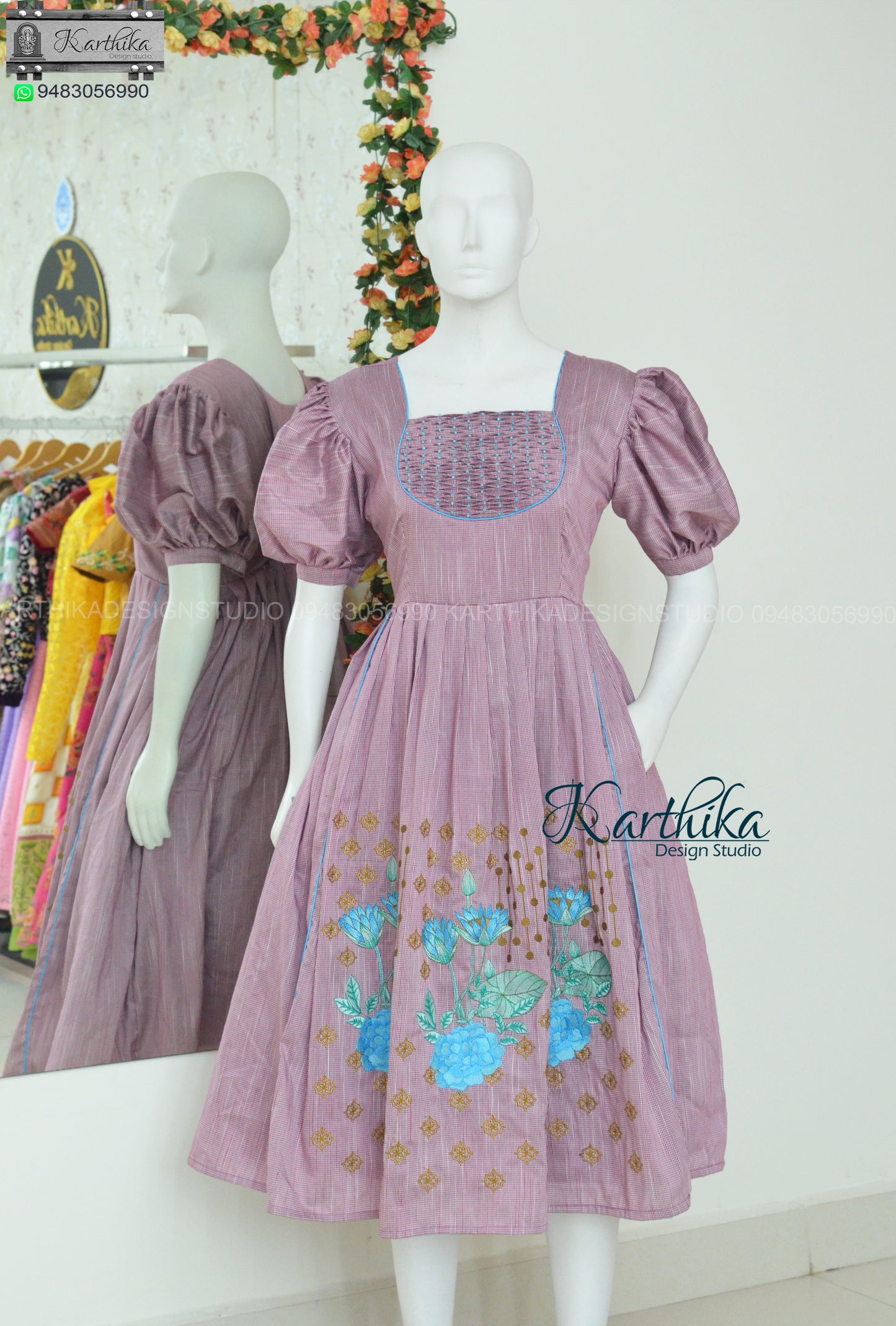 Embroidered cotton frock with pearl embroidery