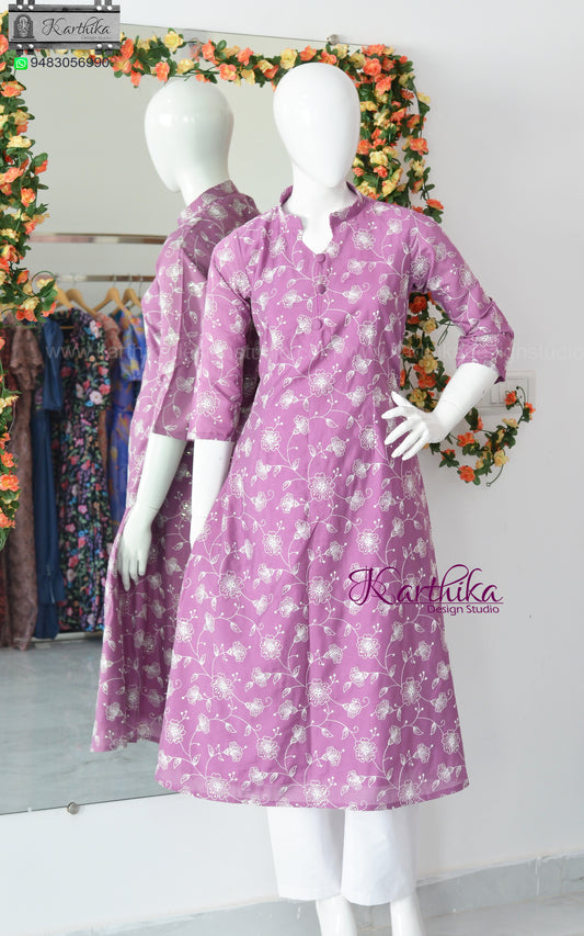 Embroidered cotton silk A line kurthi set