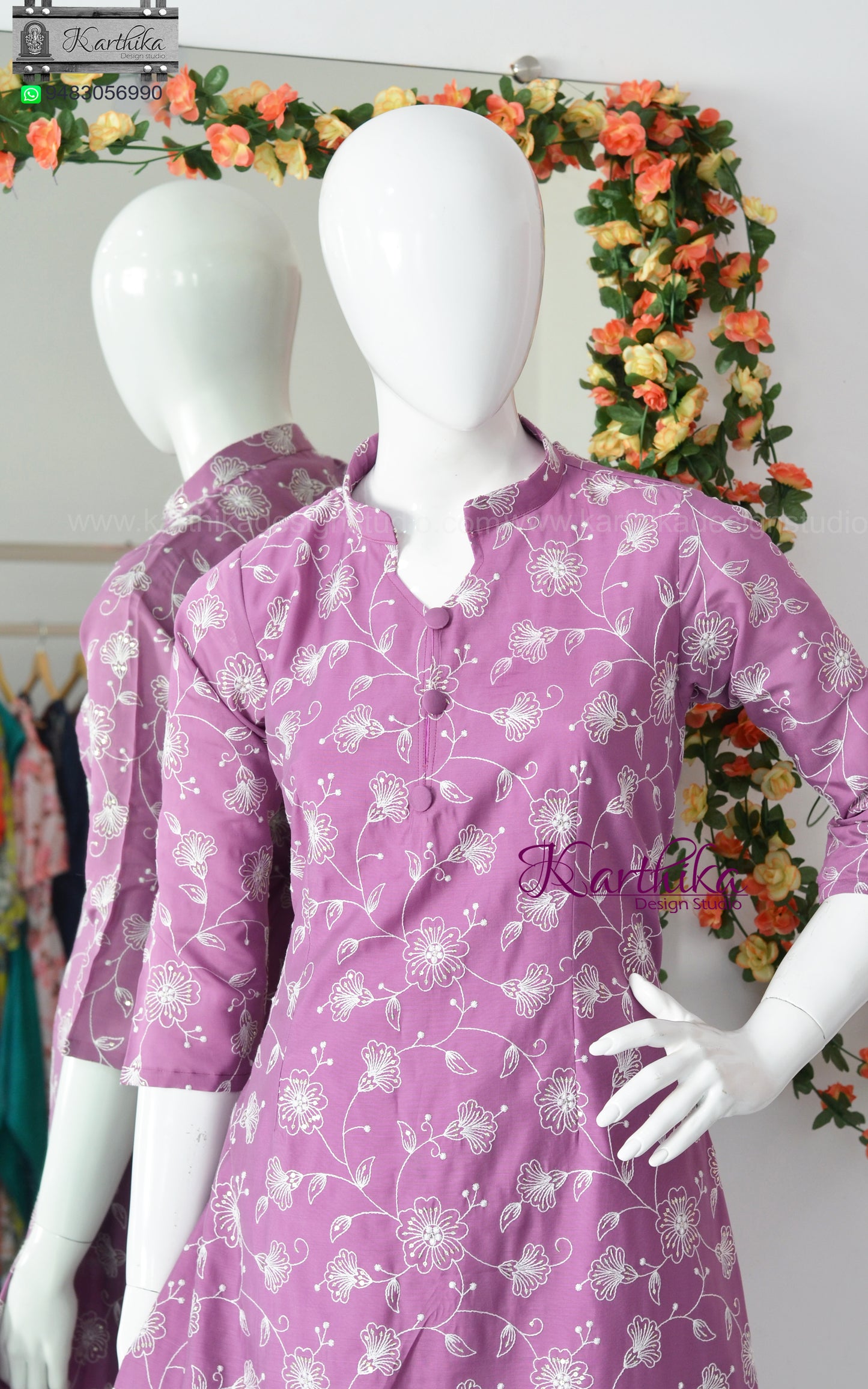 Embroidered cotton silk A line kurthi set