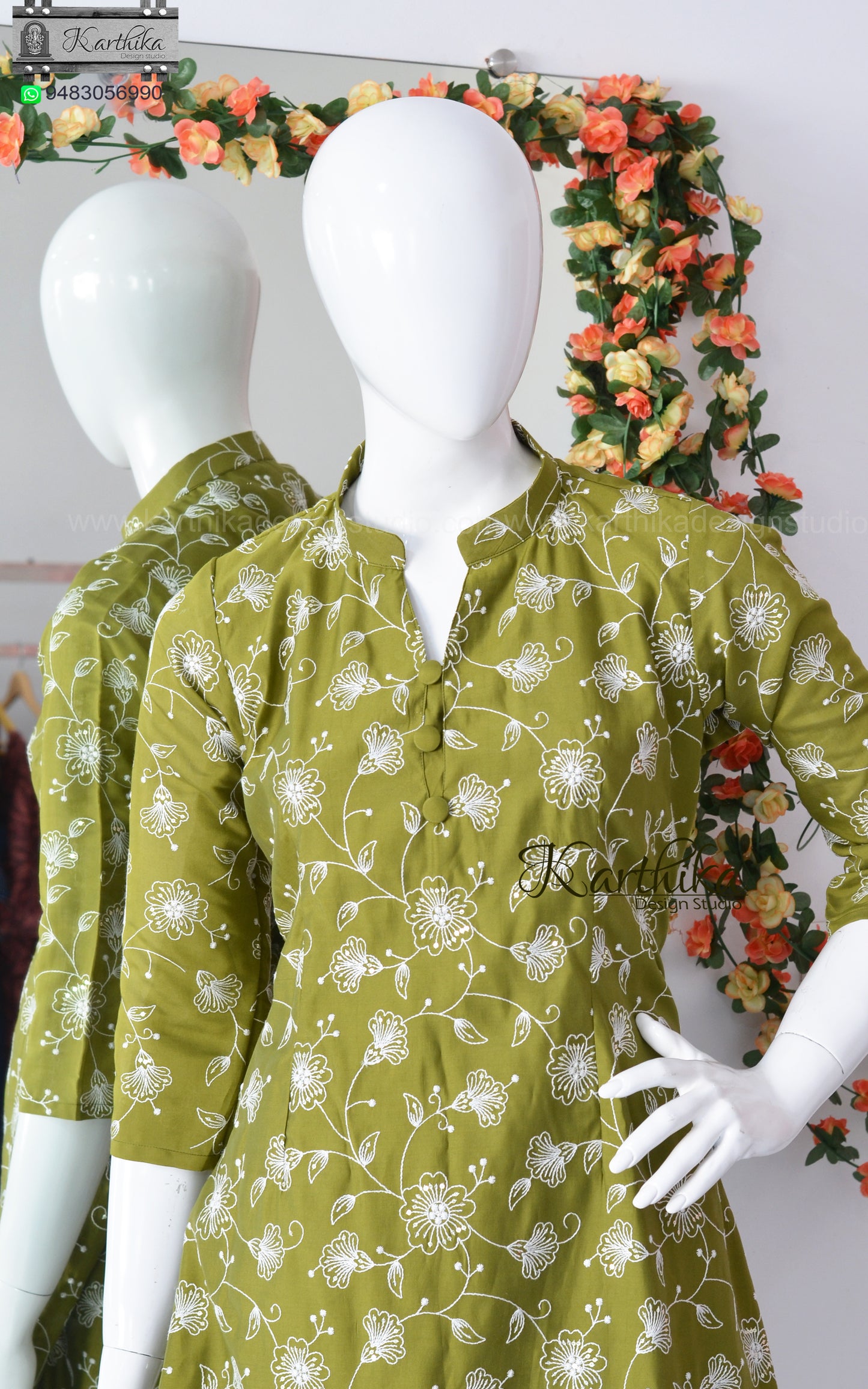 Embroidered cotton silk A line kurthi set