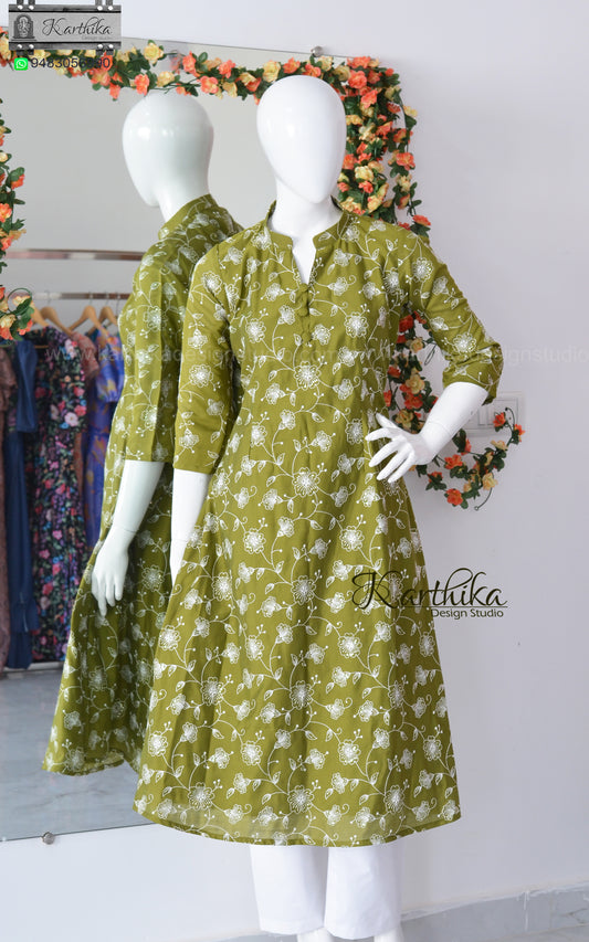 Embroidered cotton silk A line kurthi set