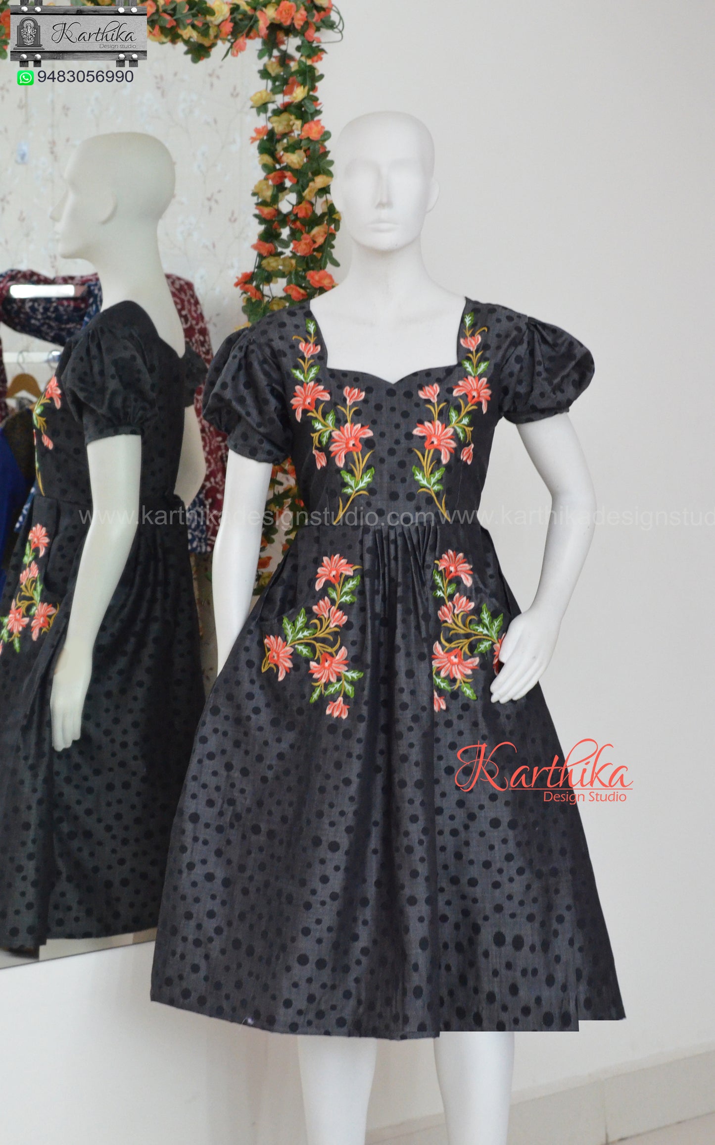 Embroidered denim frock with pockets