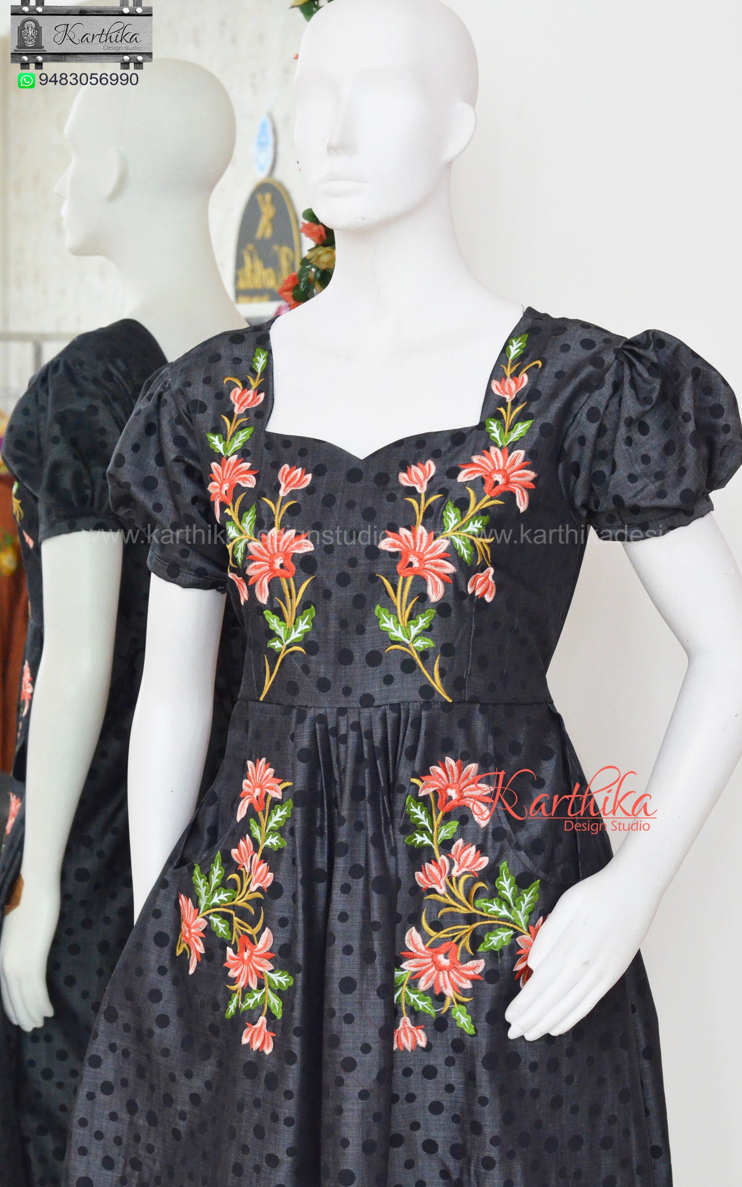 Embroidered denim frock with pockets