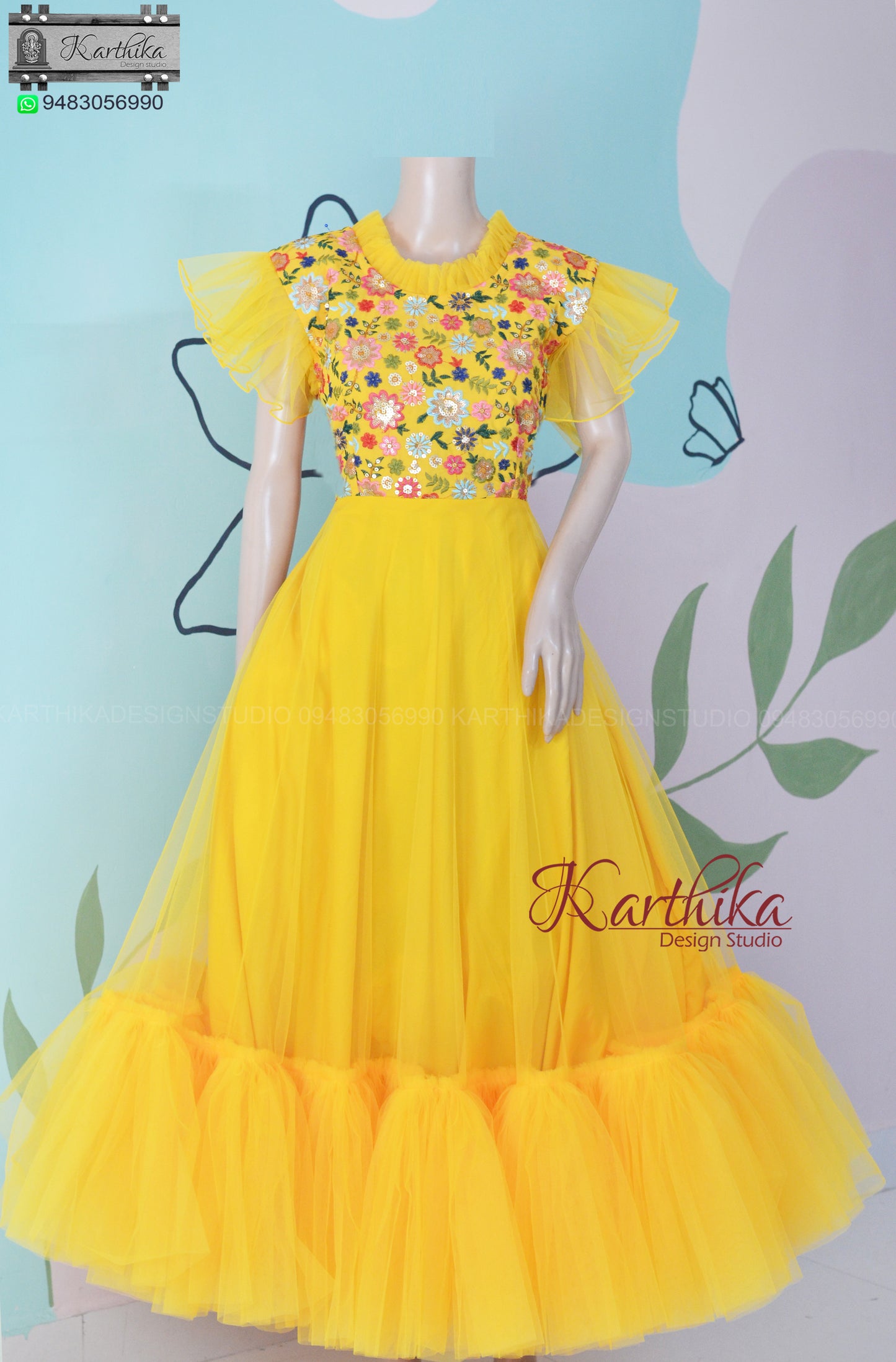 Yellow Embroidered georgette and net frock