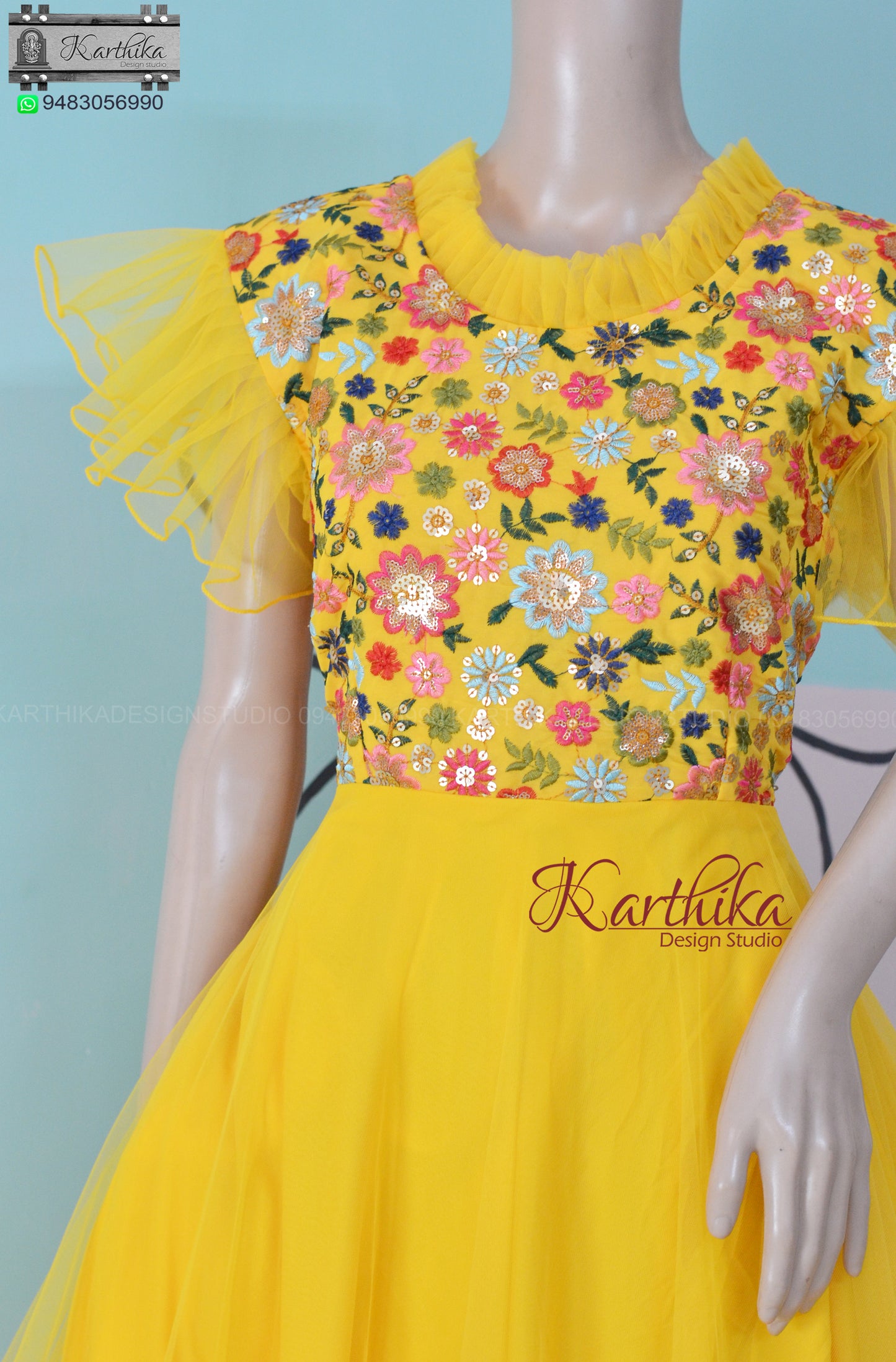 Yellow Embroidered georgette and net frock