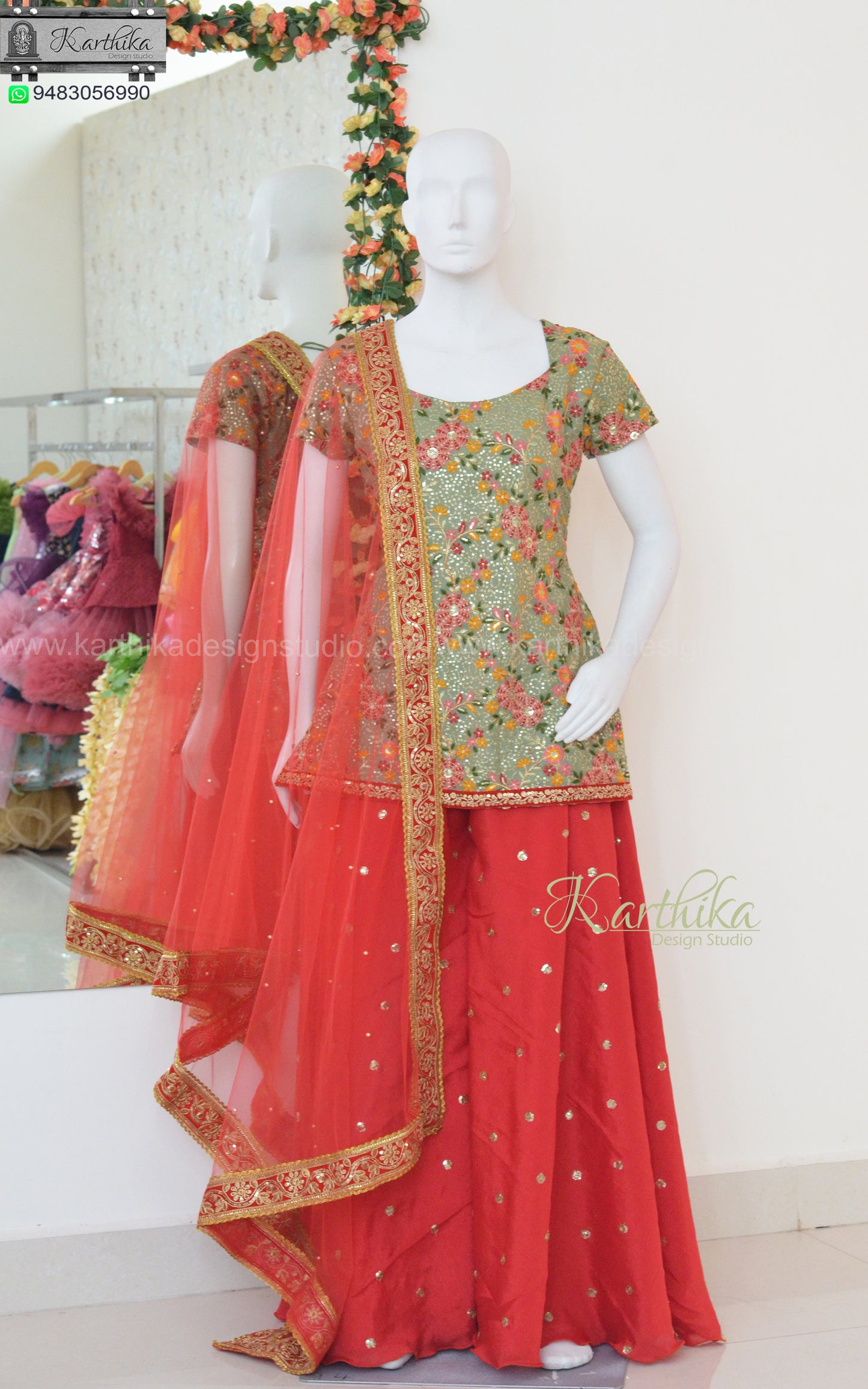 Embroidered georgette and chinnon sharara set