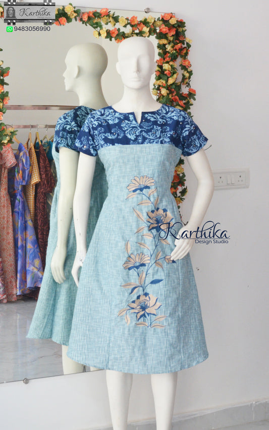 Embroidered Aline ikkat cotton frock