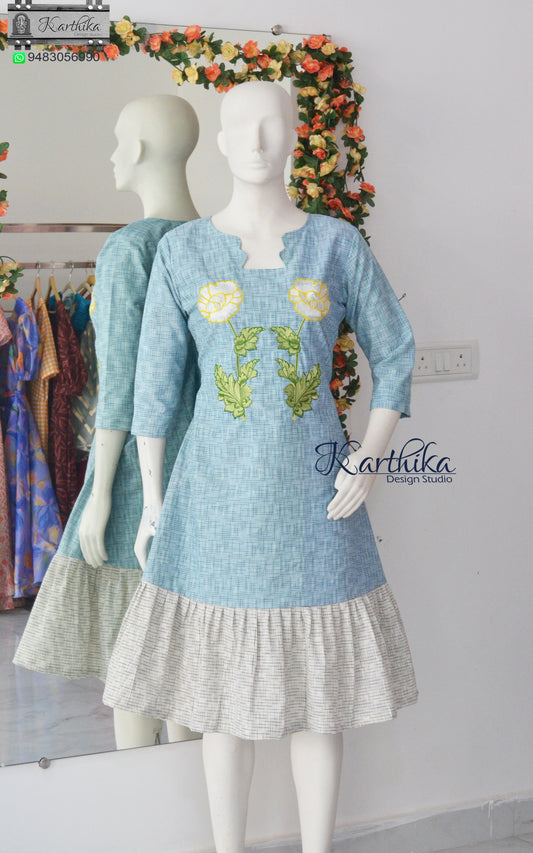 Embroidered Aline ikkat cotton frock