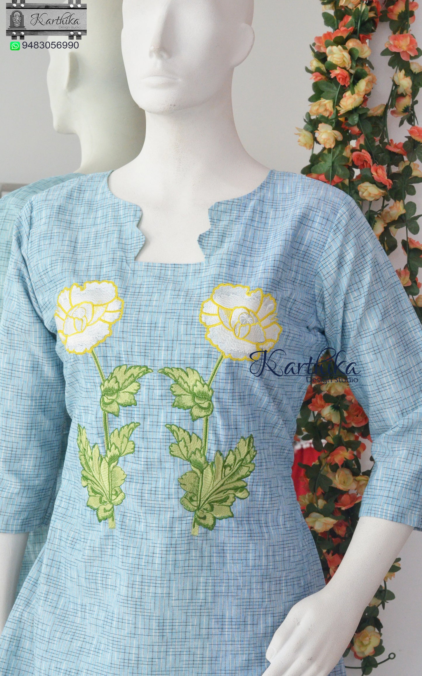 Embroidered Aline ikkat cotton frock