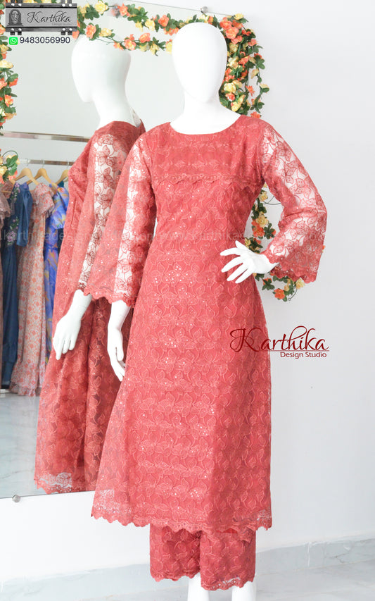 Embroidered net A line kurthi set