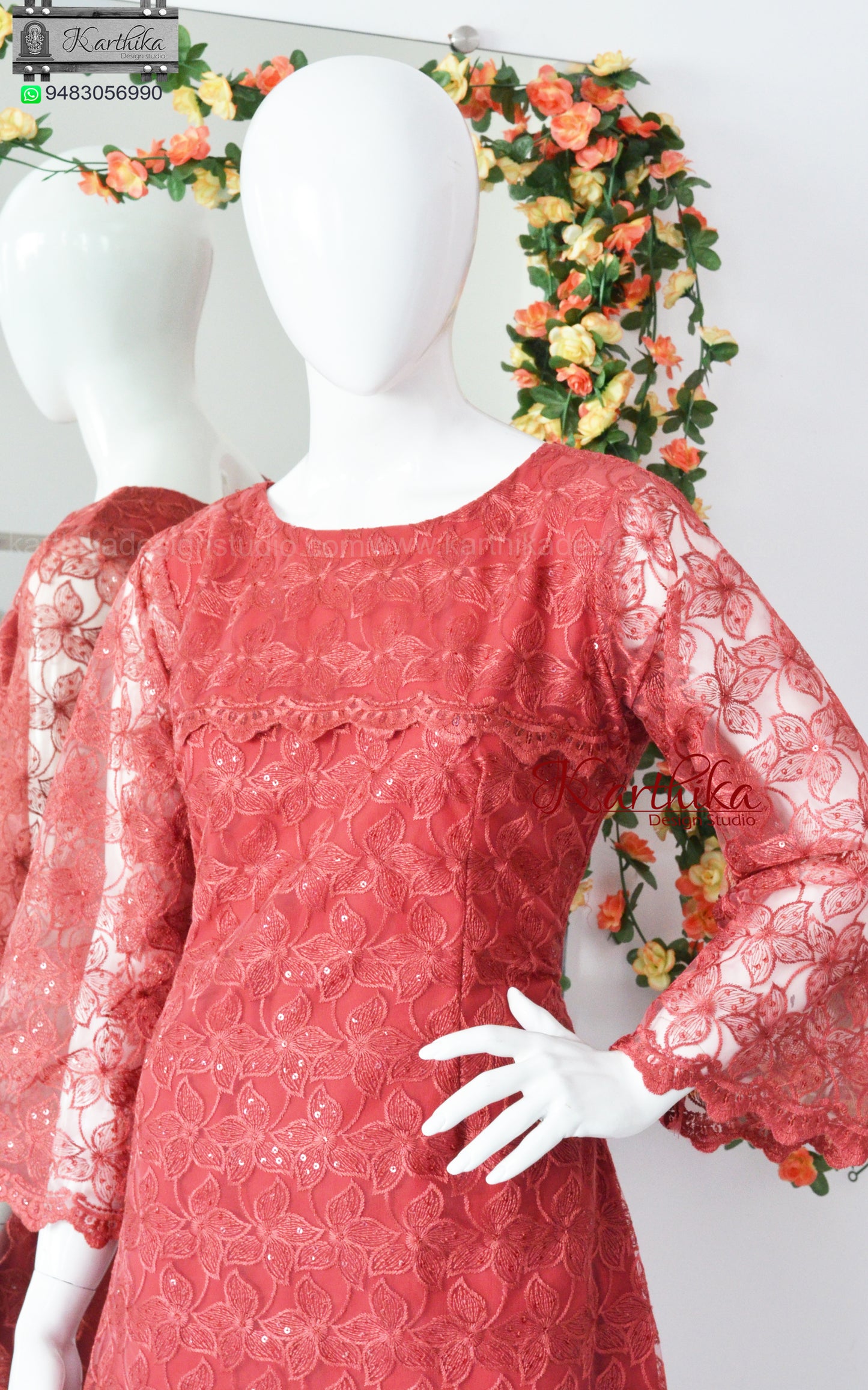 Embroidered net A line kurthi set