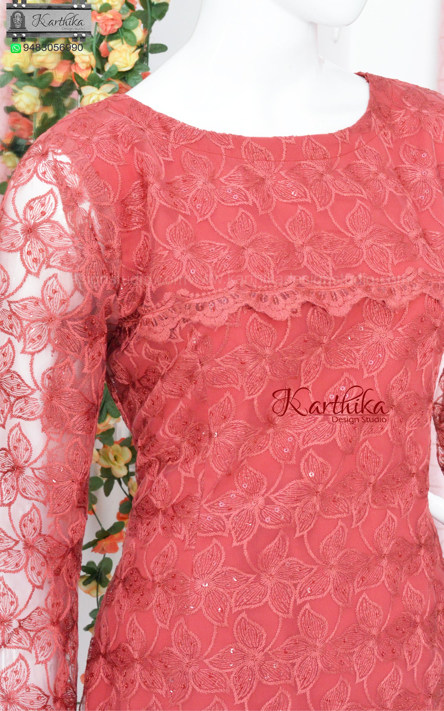 Embroidered net A line kurthi set