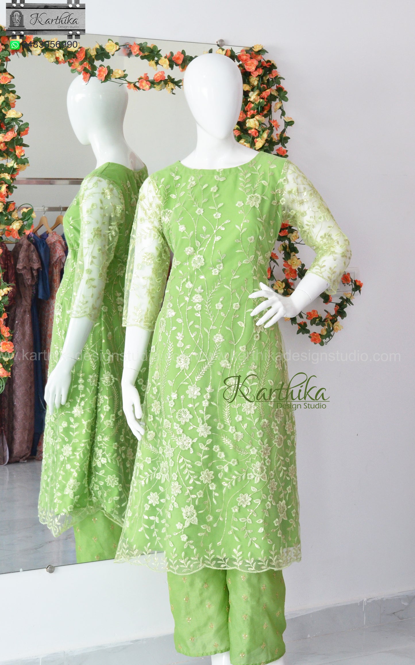 Embroidered net A line kurthi set