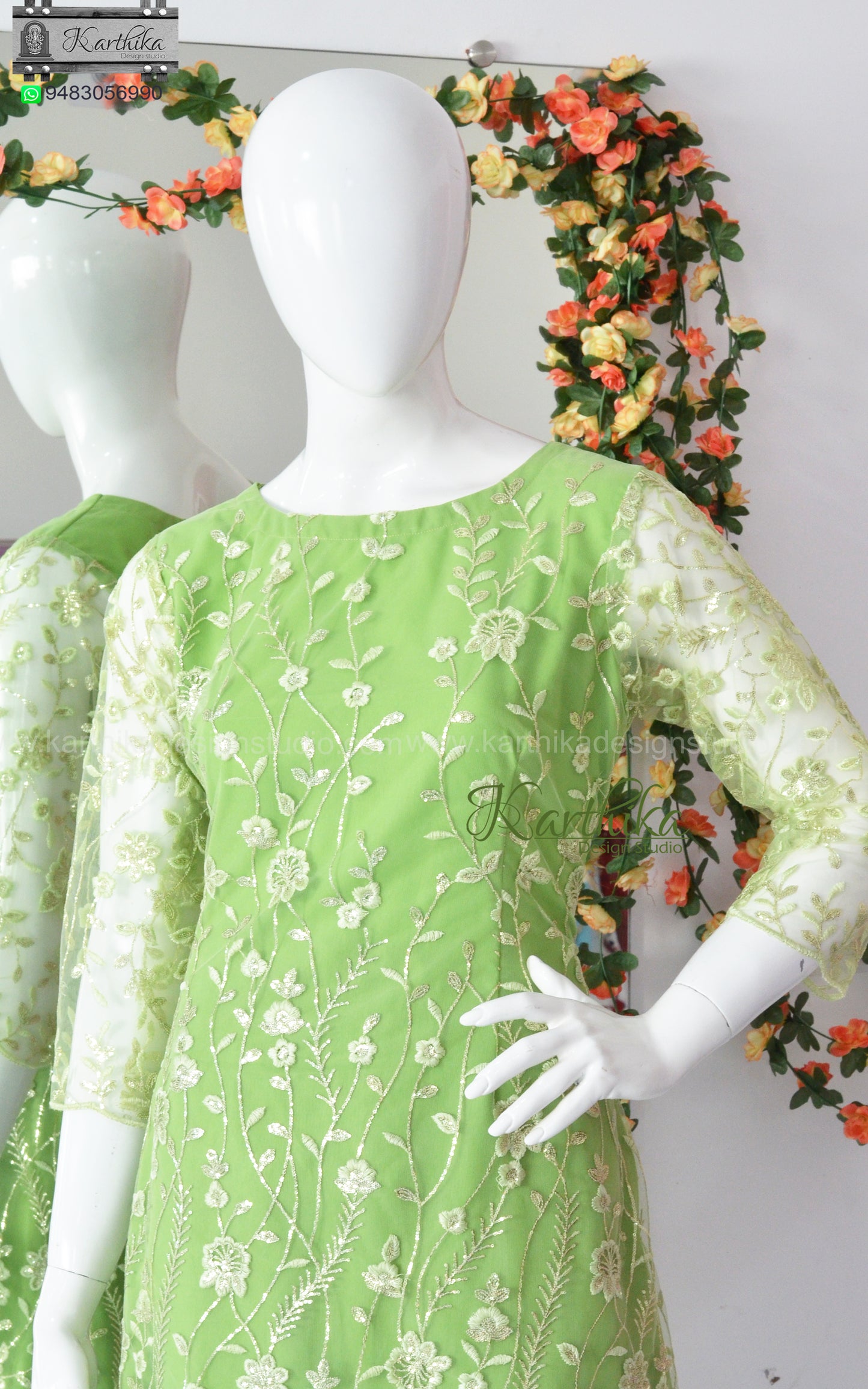 Embroidered net A line kurthi set