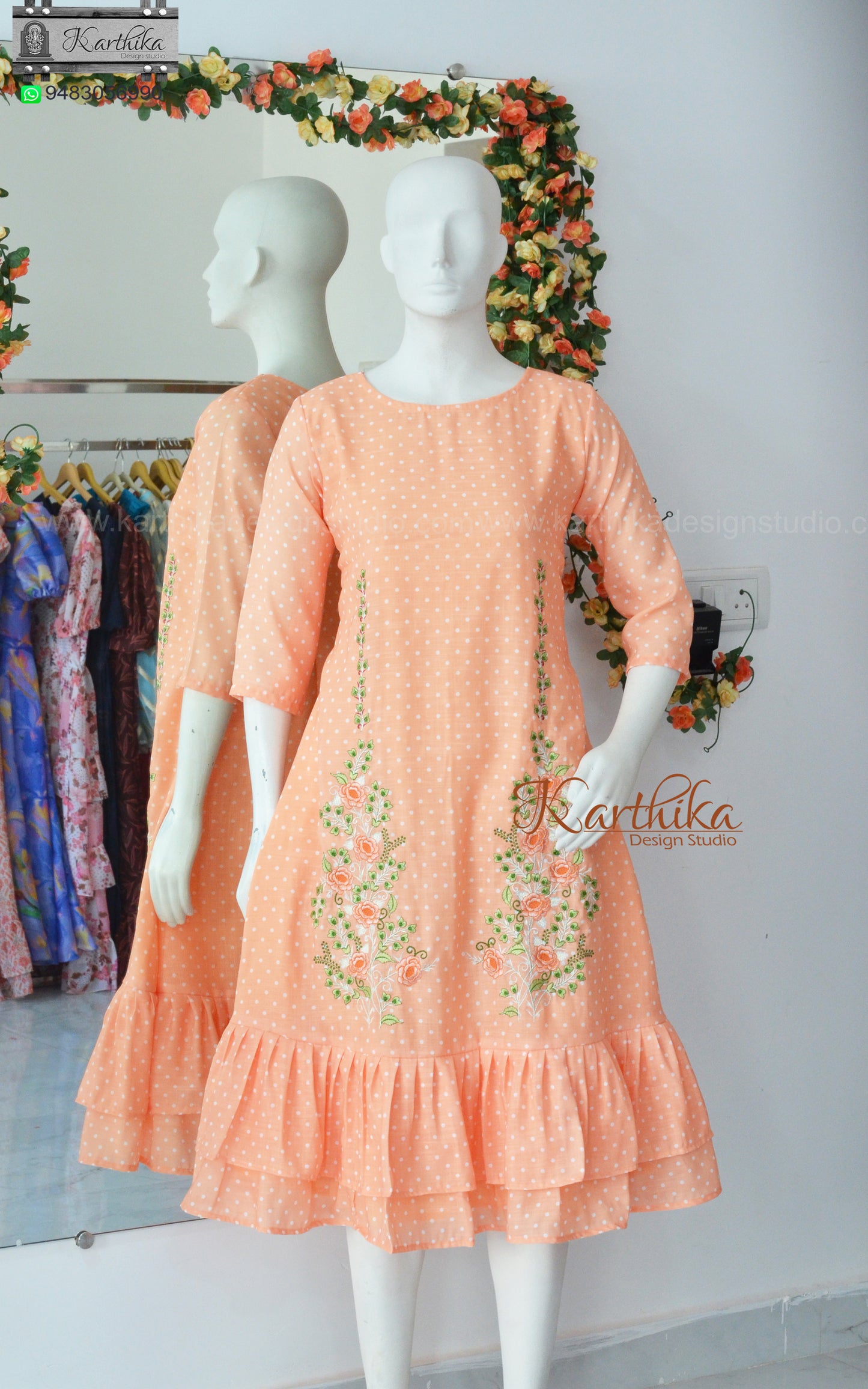 Embroidered Aline polka dots cotton frock