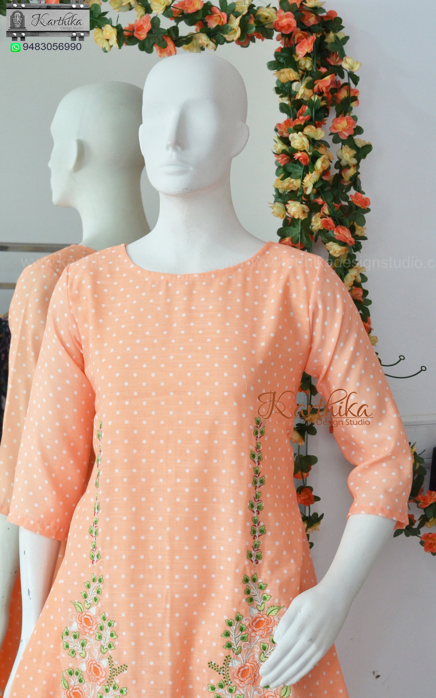 Embroidered Aline polka dots cotton frock