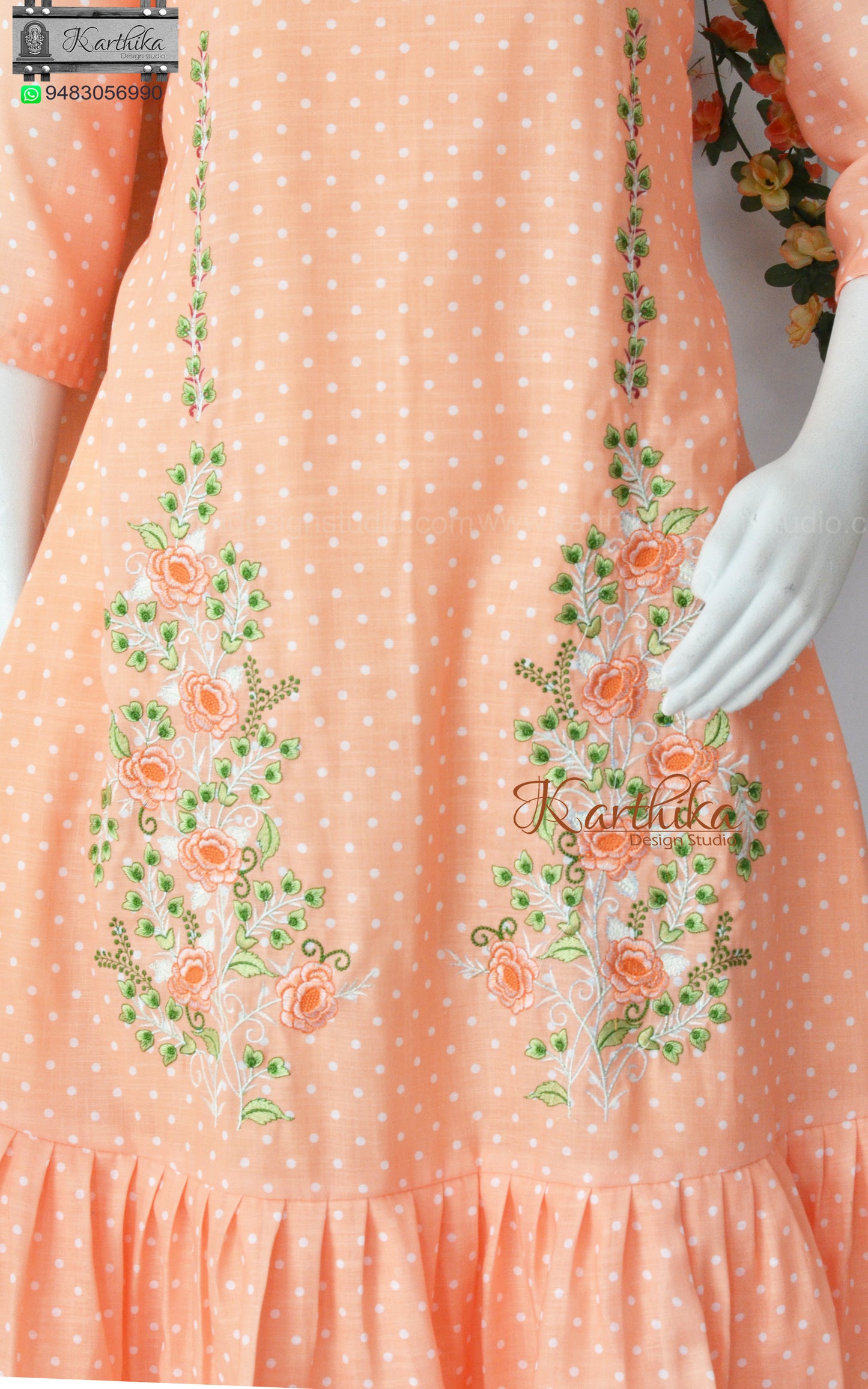 Embroidered Aline polka dots cotton frock