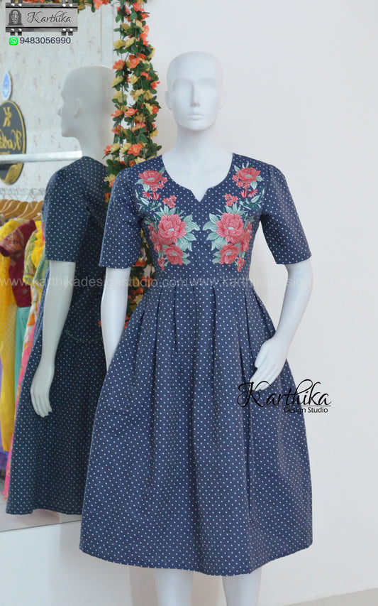 Embroidered polka dots denim frock