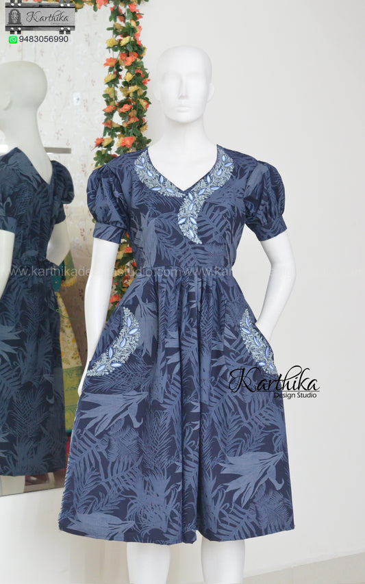 Embroidered printed denim frock with pockets