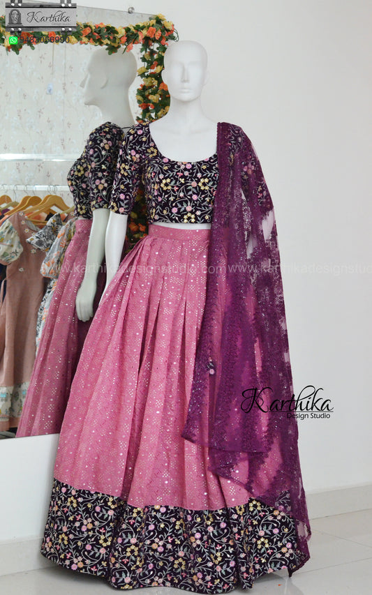 Embroidered velvet and chinnon lehenga blouse