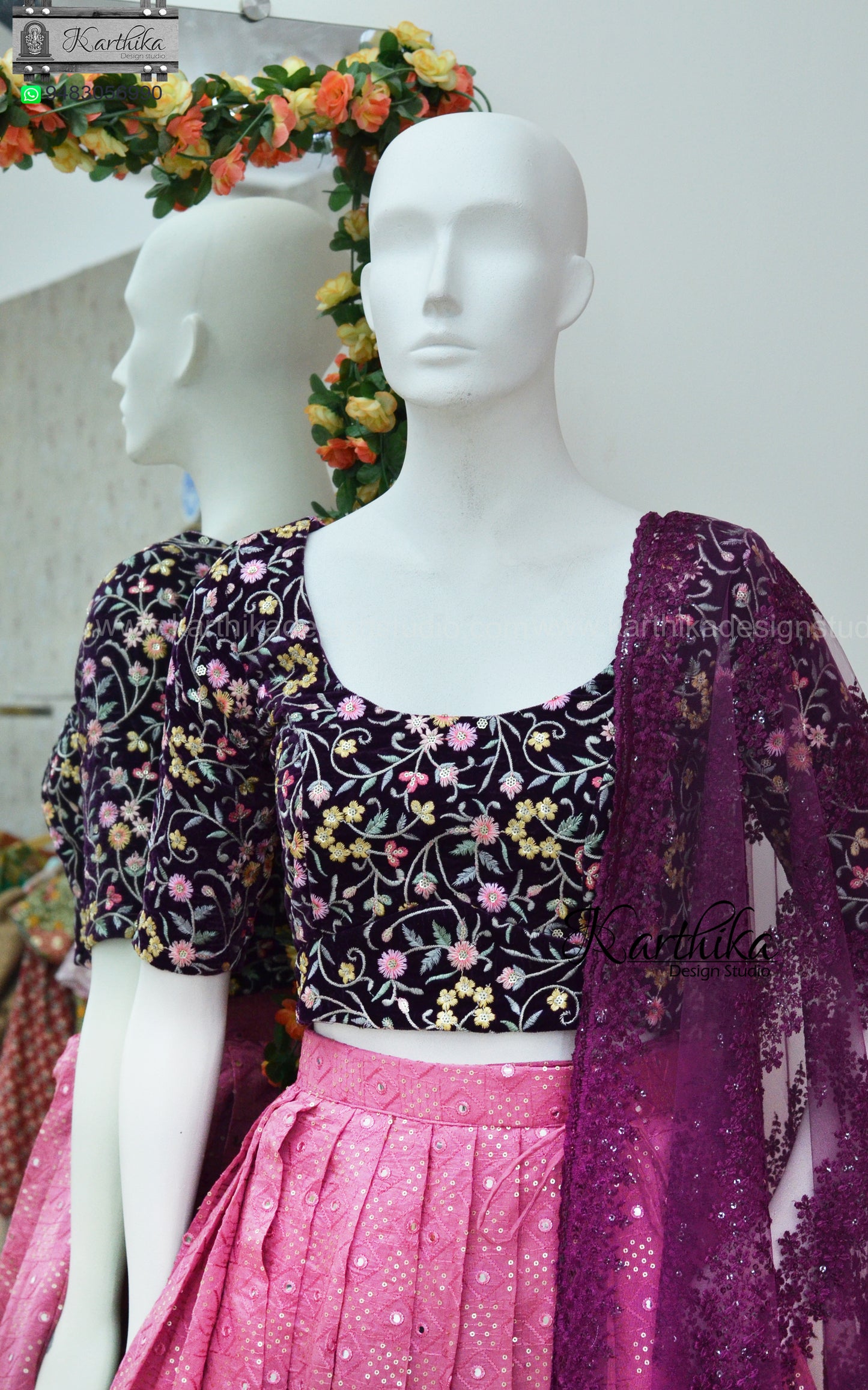 Embroidered velvet and chinnon lehenga blouse