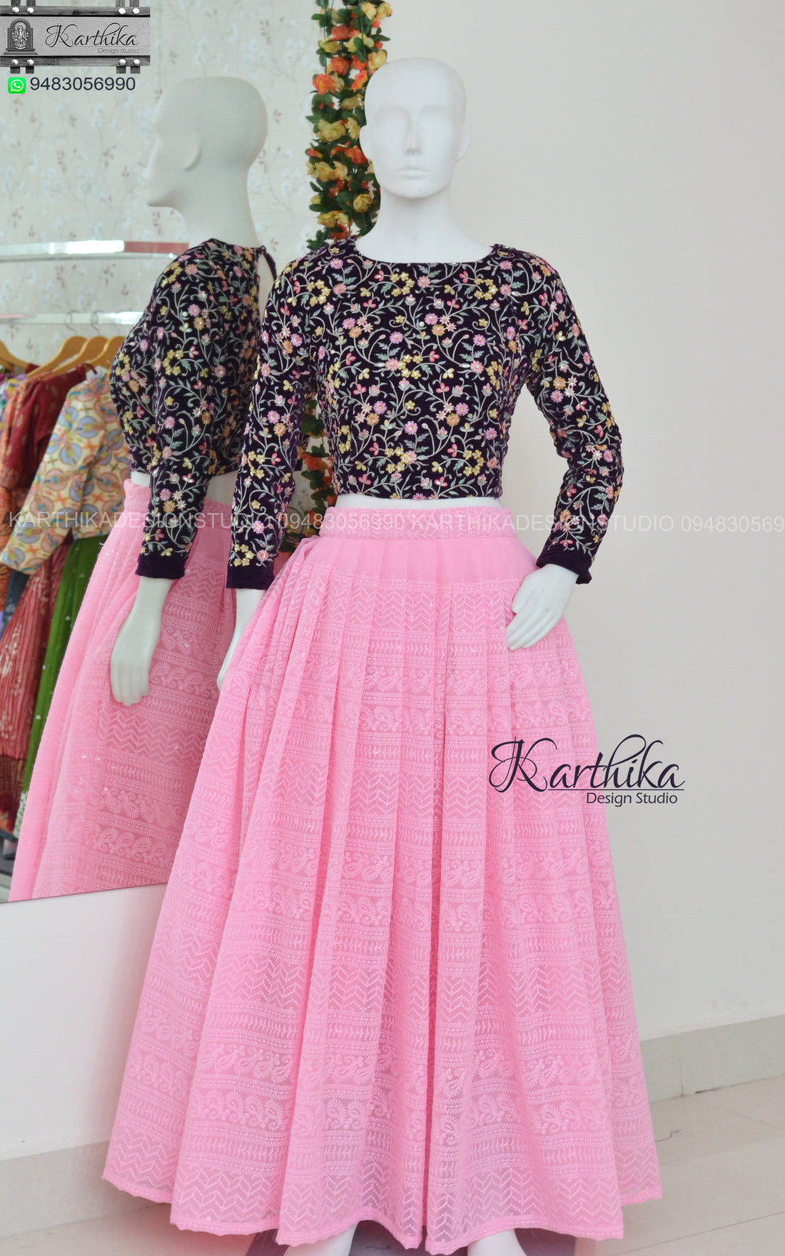 Mauve Embellished Crop Top Georgette Lehenga Set with Net Dupatta