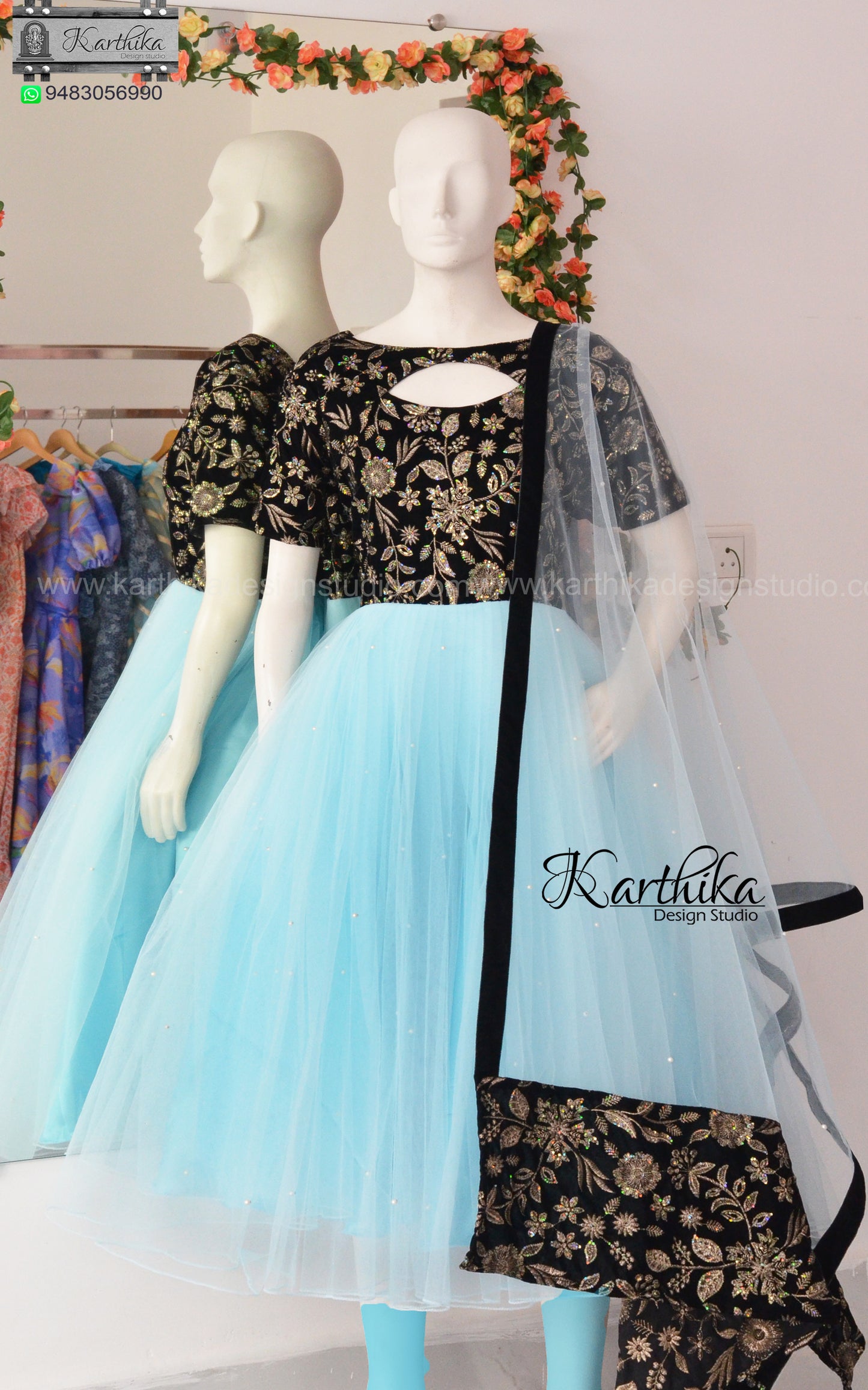 Embroidered velvet and net chudidhar