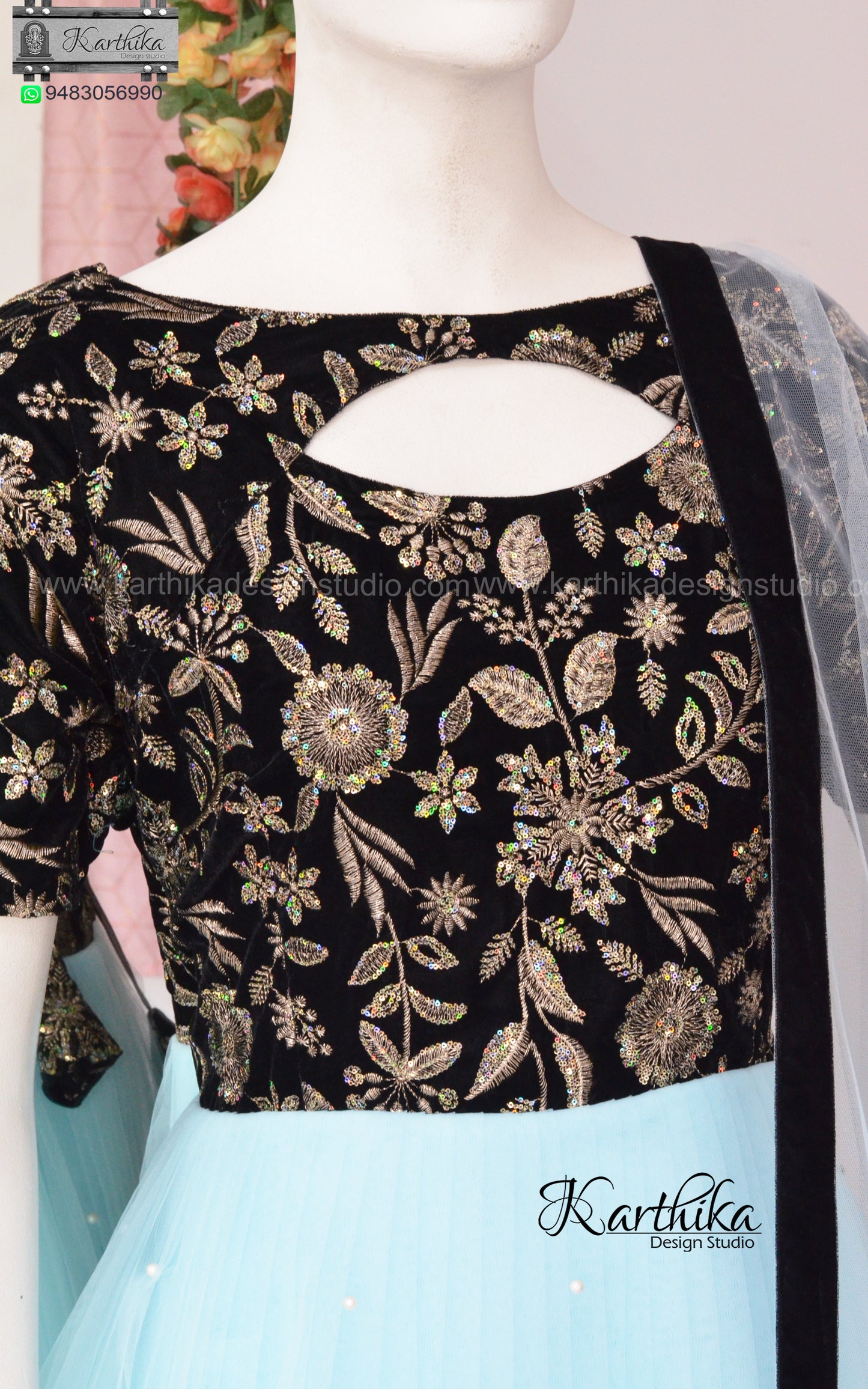 Embroidered velvet and net chudidhar