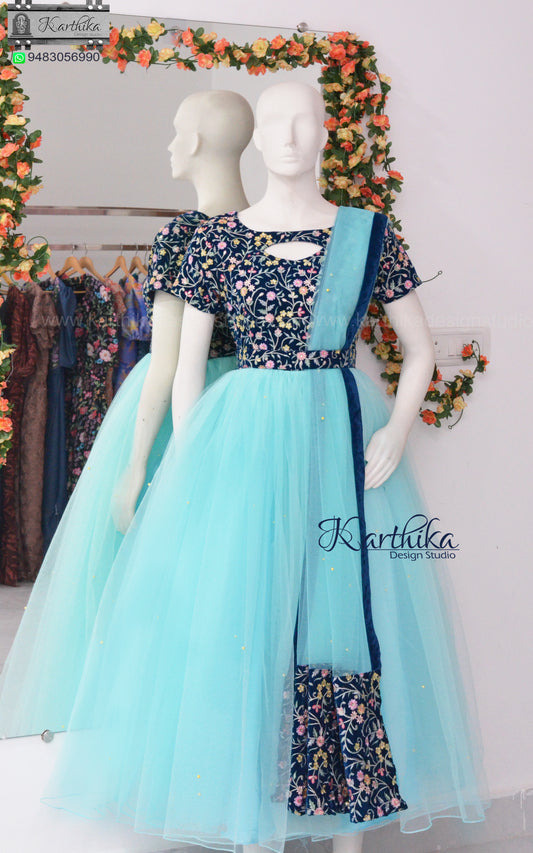 Embroidered velvet and net  long gown