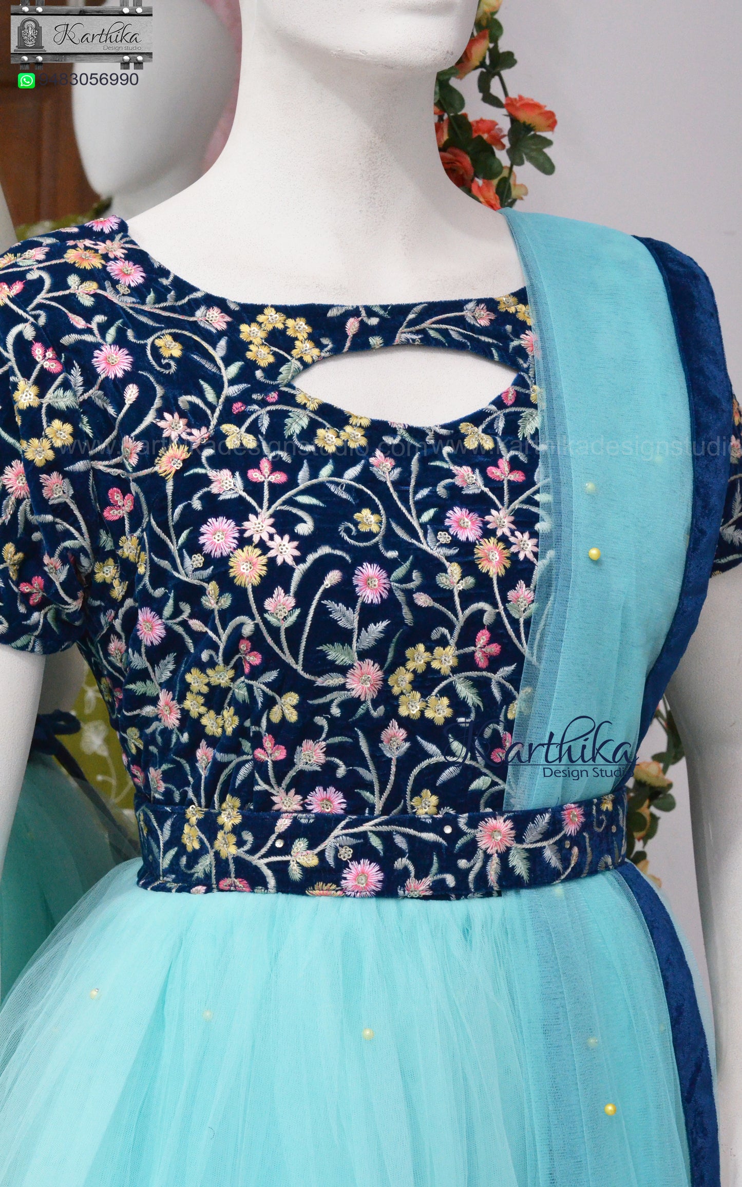 Embroidered velvet and net  long gown