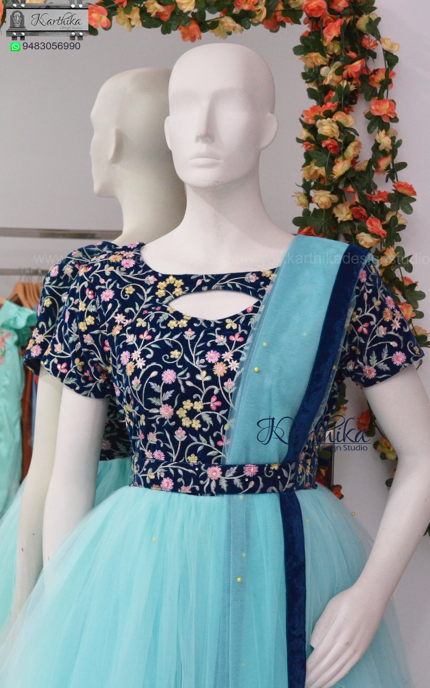 Embroidered velvet and net  long gown