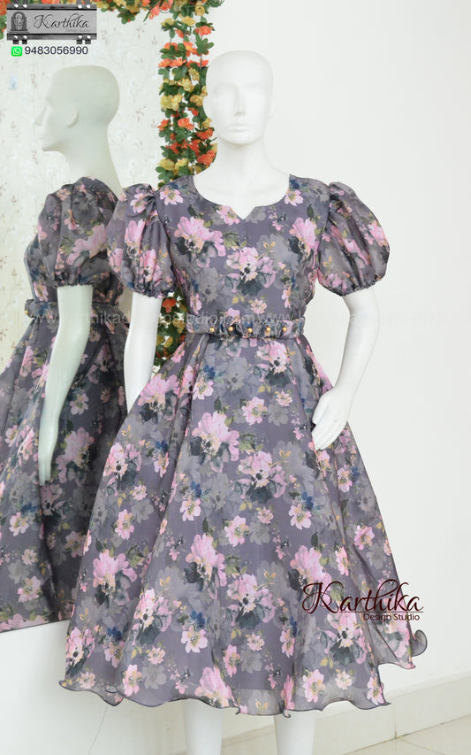 Floral glazed organza frock with detachable belt