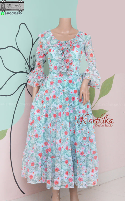 Sea green floral georgette frock