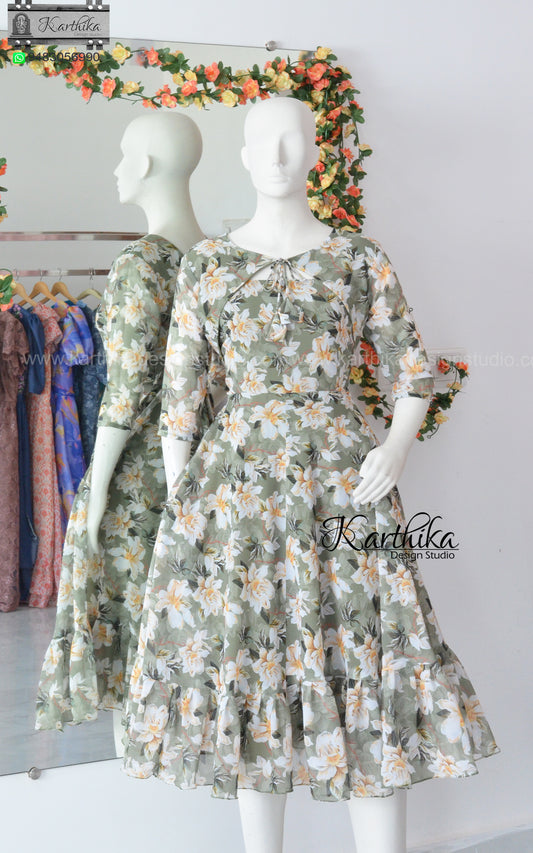 Olive green Floral georgette frock