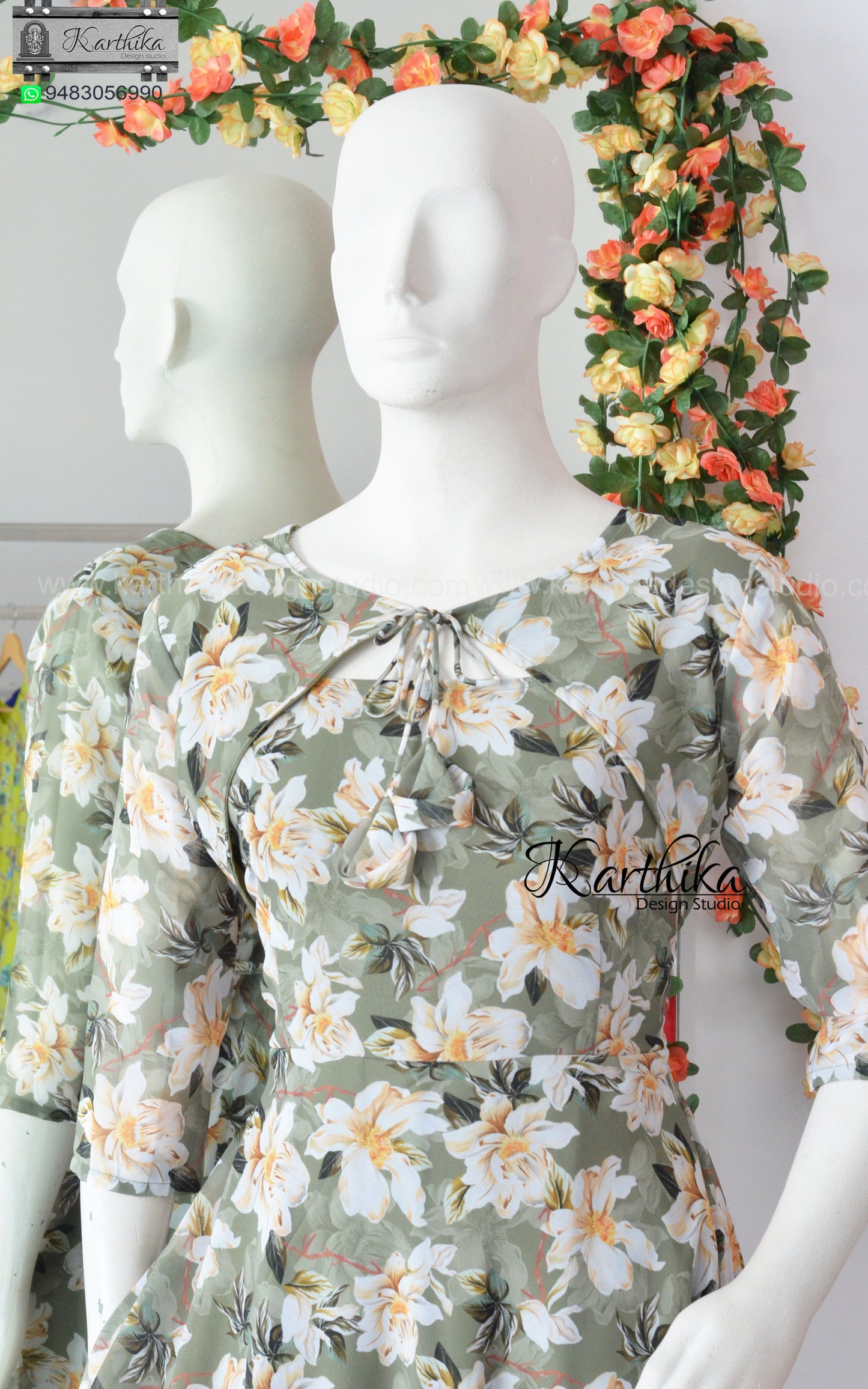 Olive green Floral georgette frock