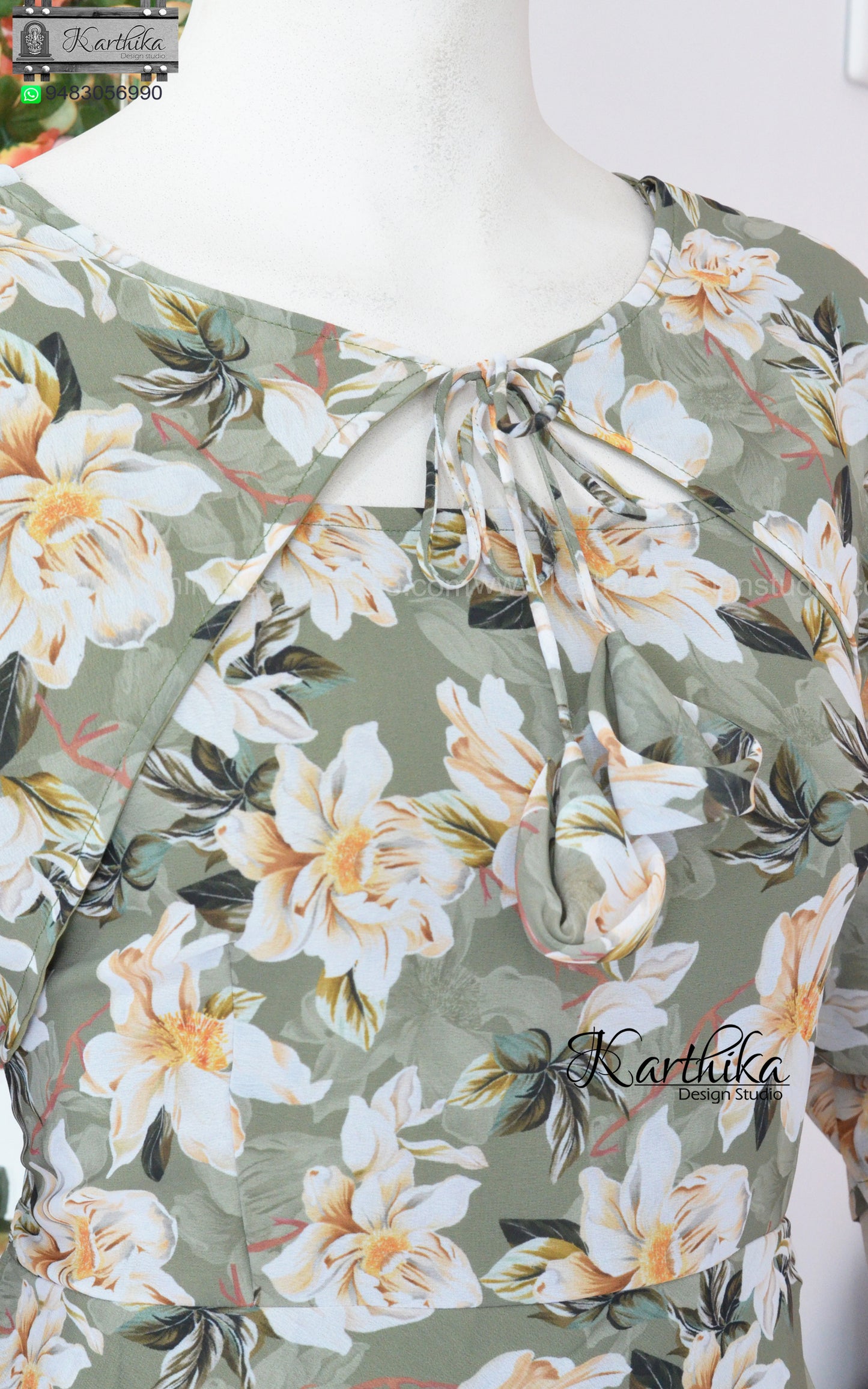 Olive green Floral georgette frock