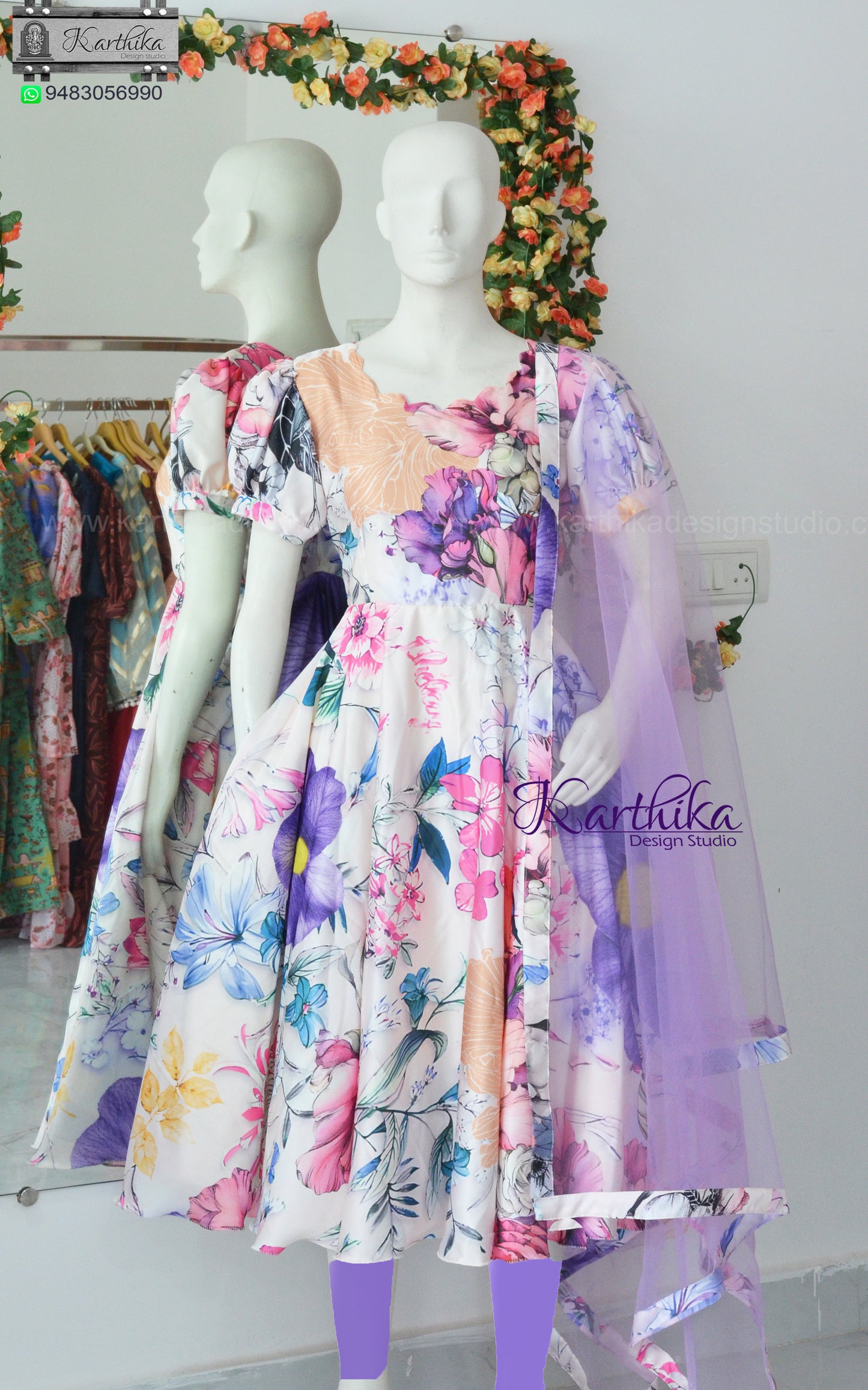 Floral satin chudidhar