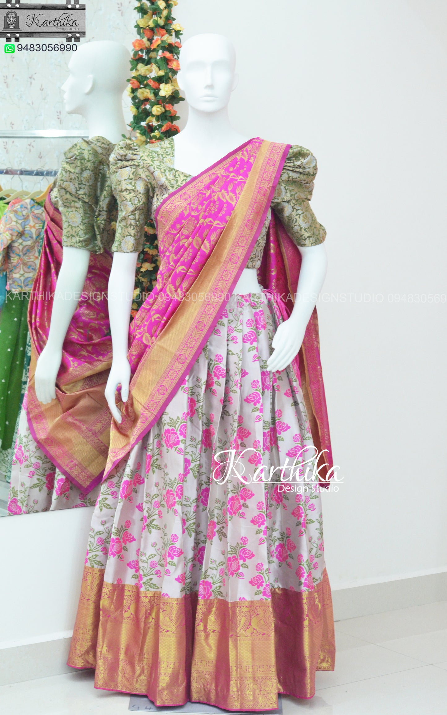 Floral tussar silk and banarasi silk  langa voni