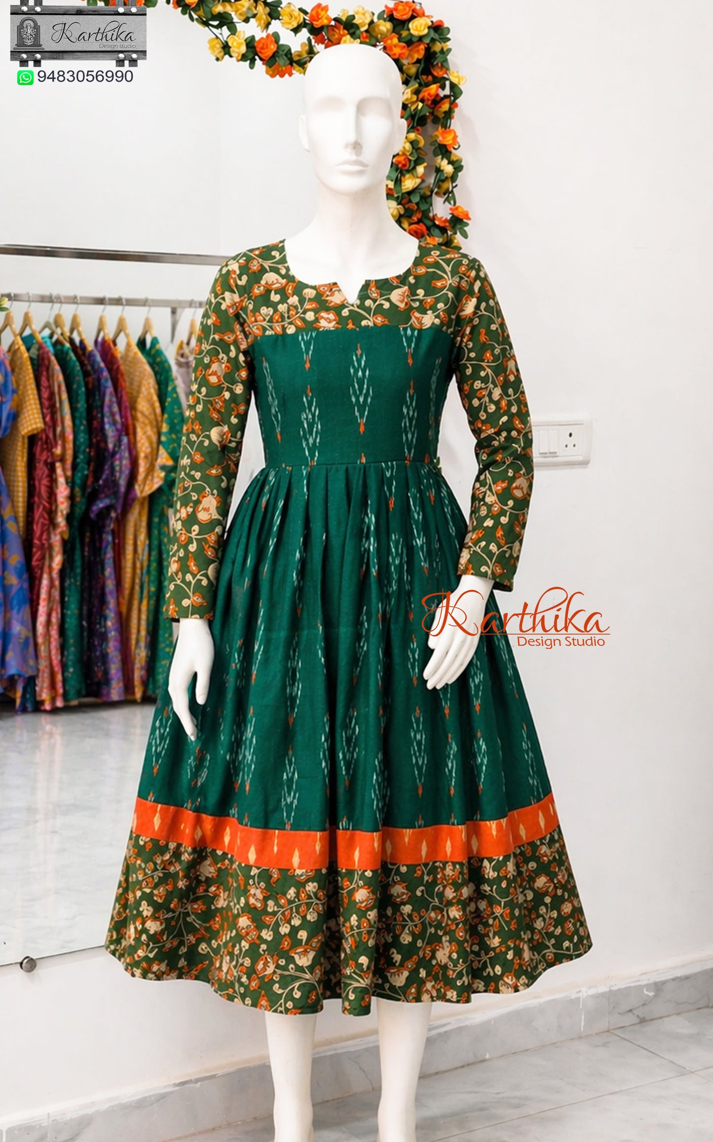Green ikkat and kalamkari cotton frock