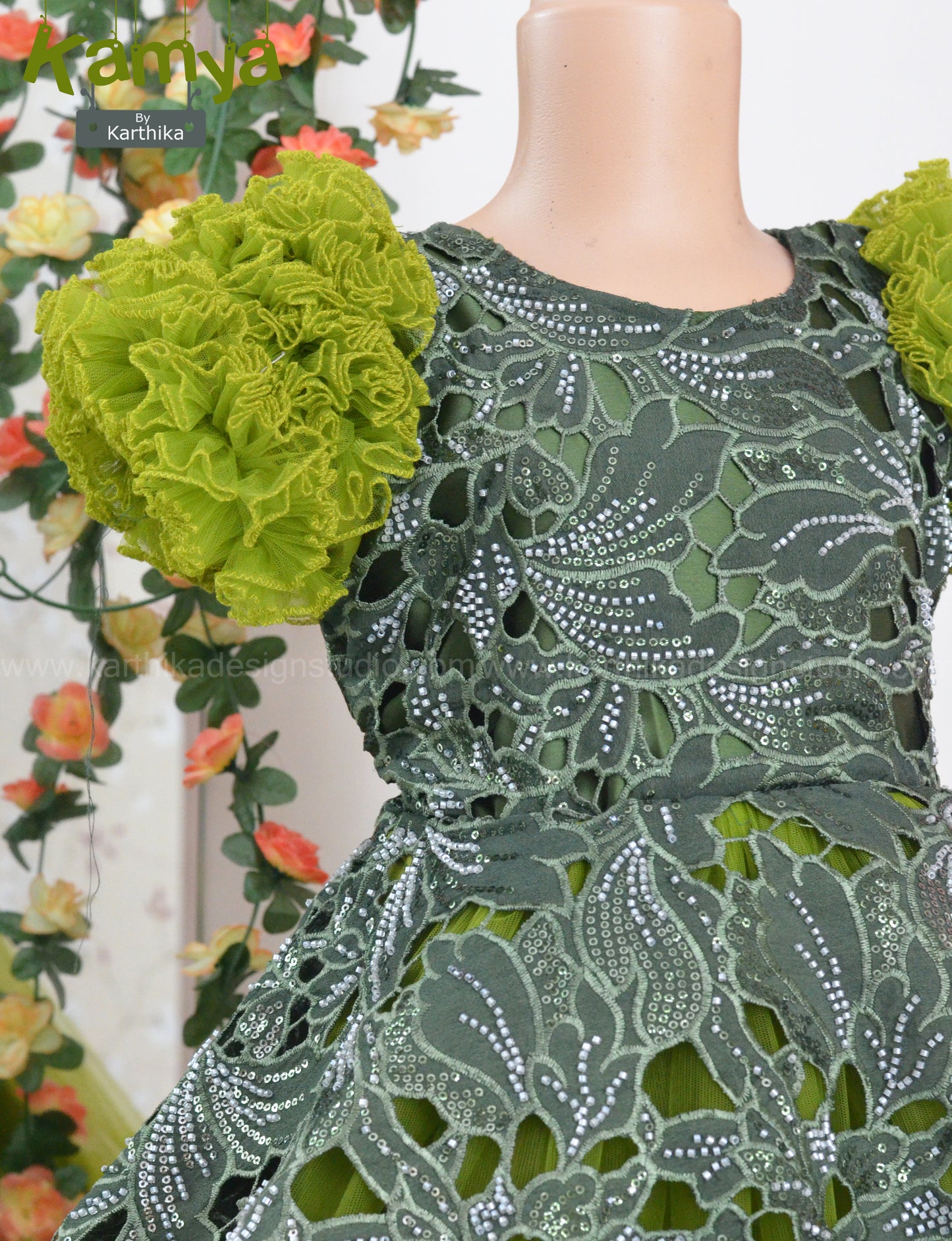 Refreshing green cutwork net birthday frock