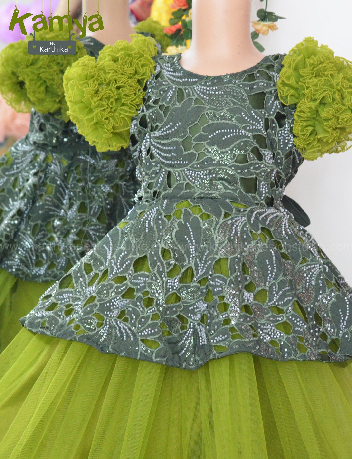 Refreshing green cutwork net birthday frock