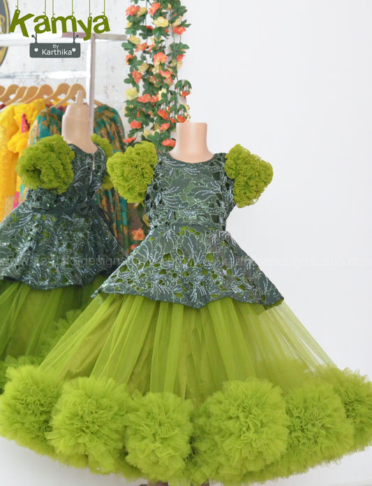 Refreshing green cutwork net birthday frock