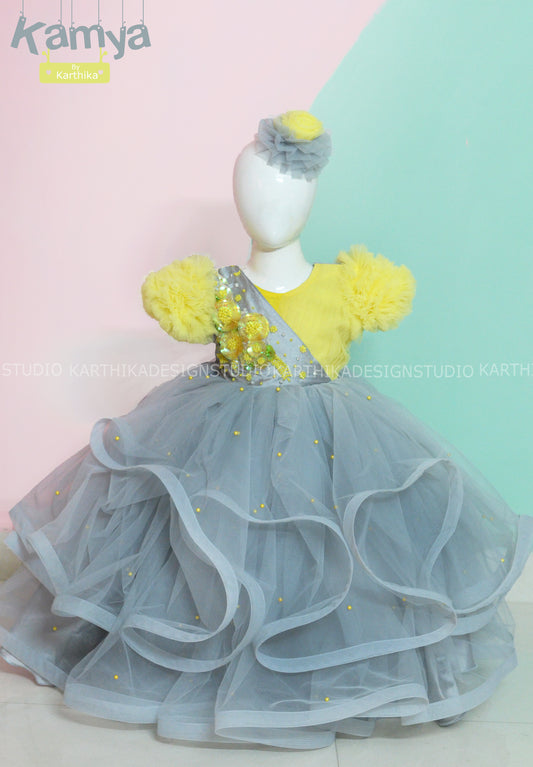 Grey and lemon yellow net frock