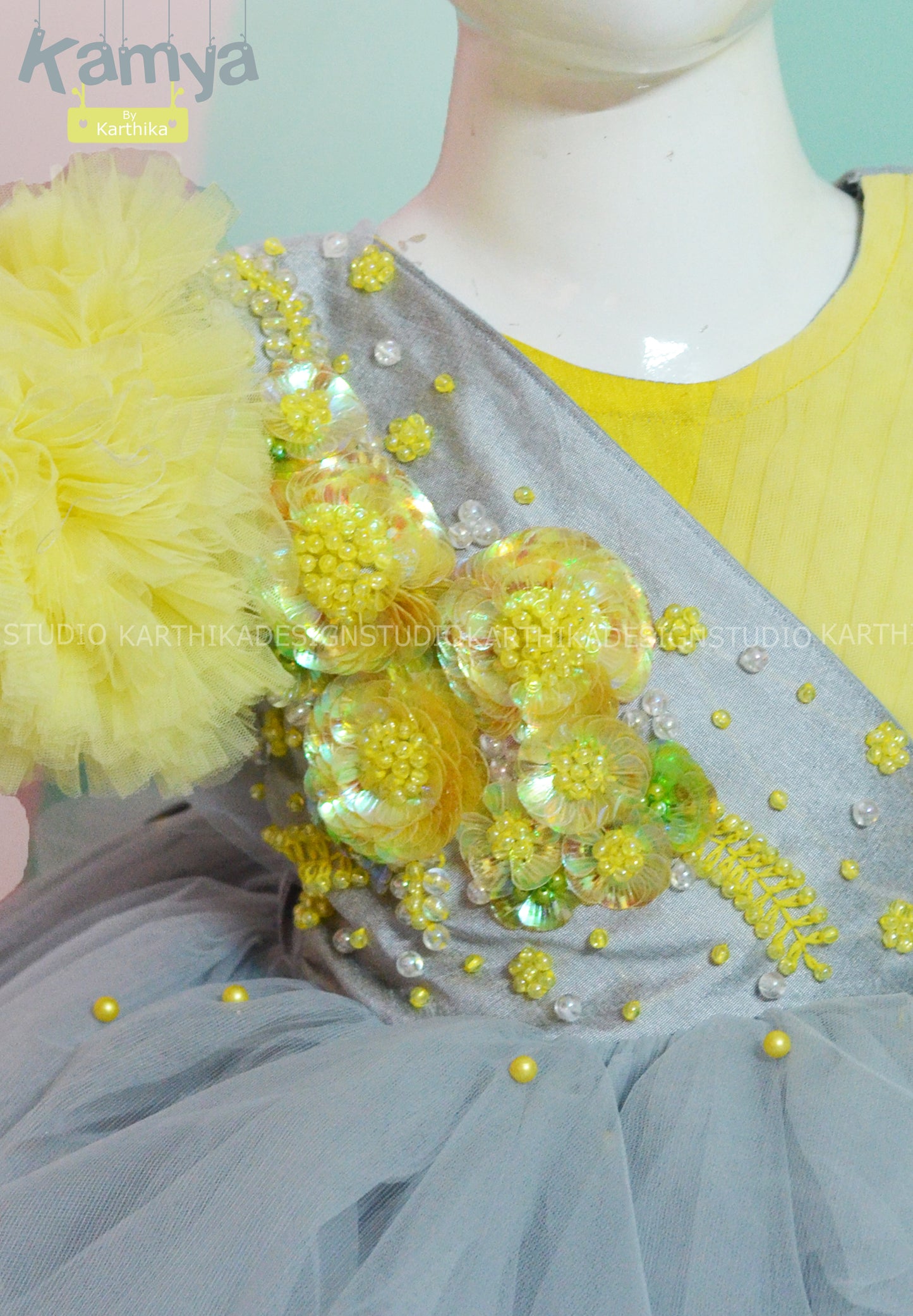 Grey and lemon yellow net frock