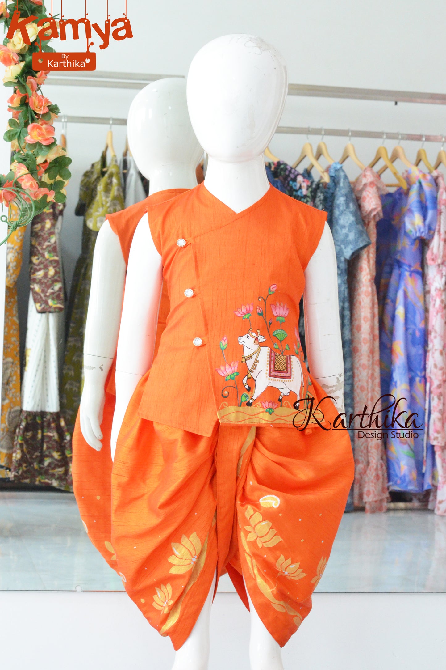 Handpainted raw silk kurtha dhothi