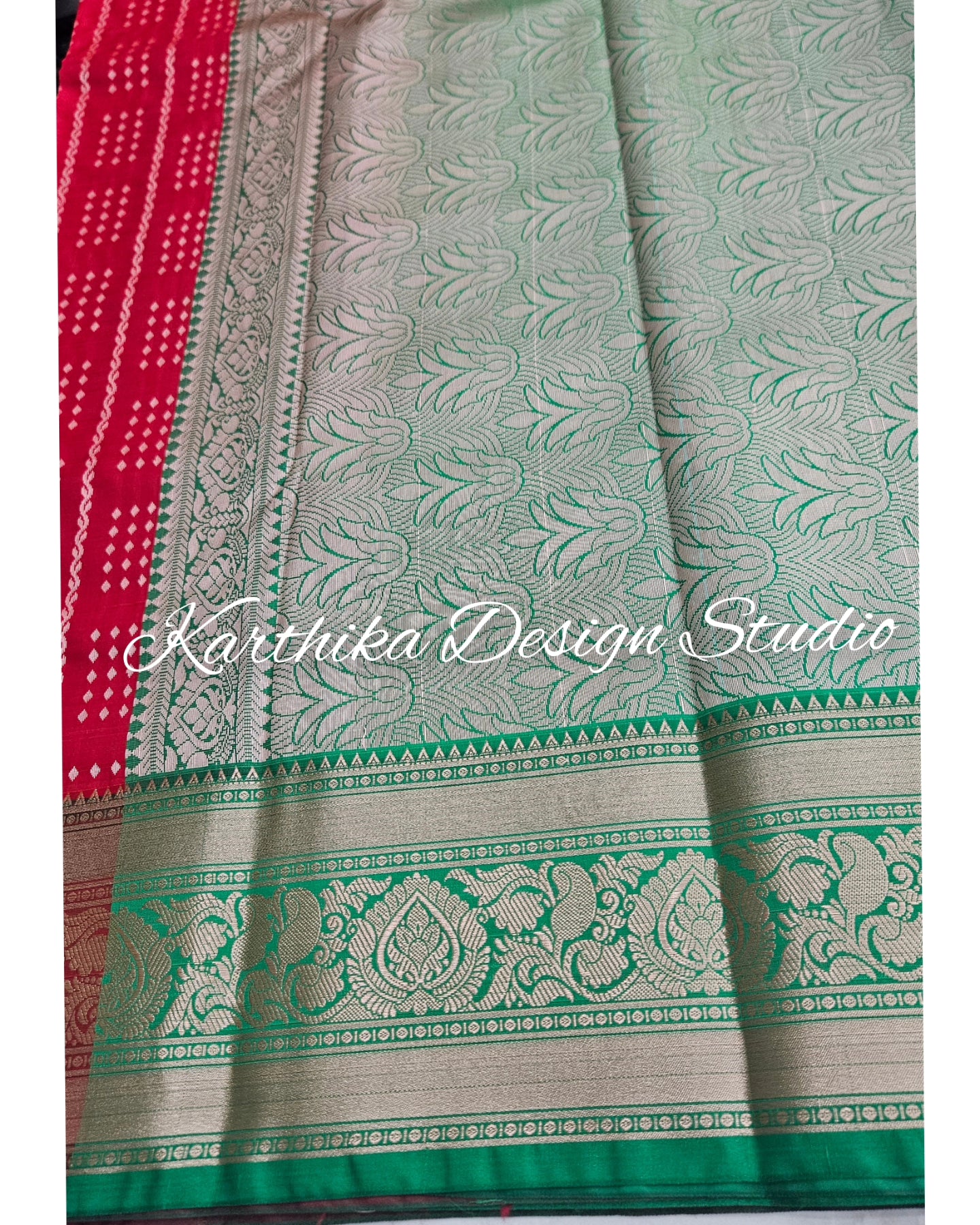 Bright red and green silk saree